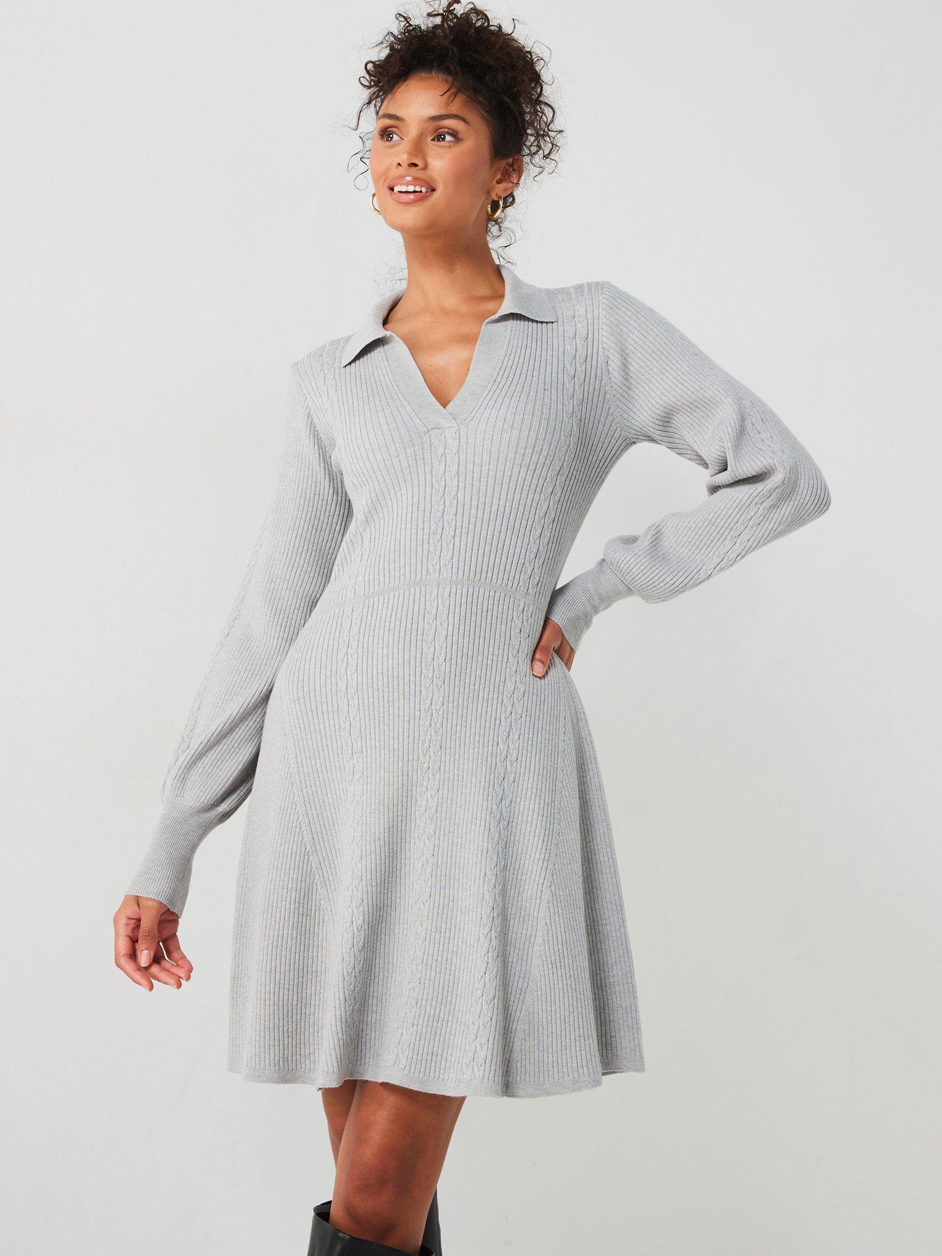 V By Very Collared Fit And Flare Knitted Mini Dress - Light Grey