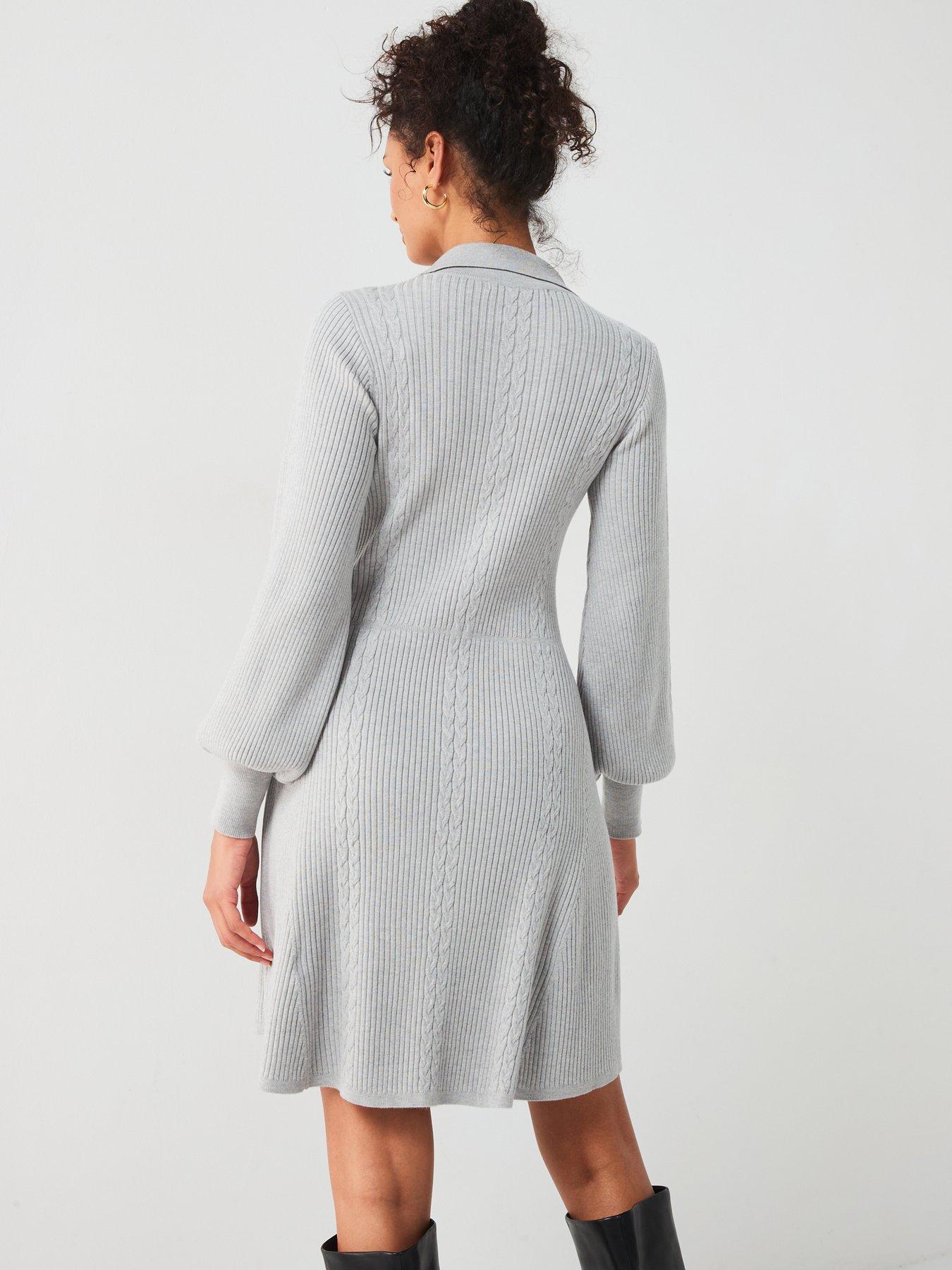 V by Very Collared Fit and Flare Mini Dress with Wool - Light Grey