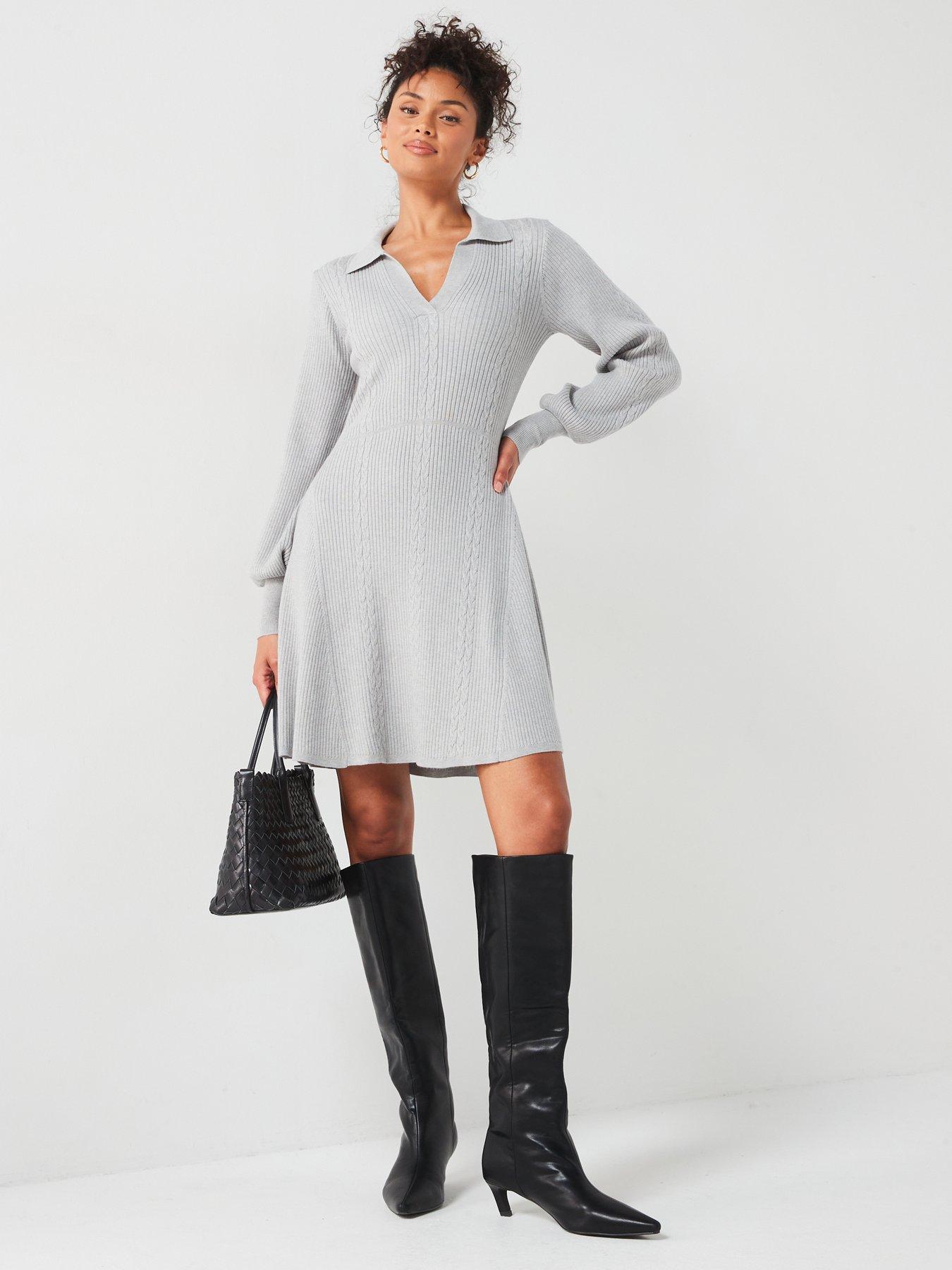 V by Very Collared Fit and Flare Mini Dress with Wool - Light Grey