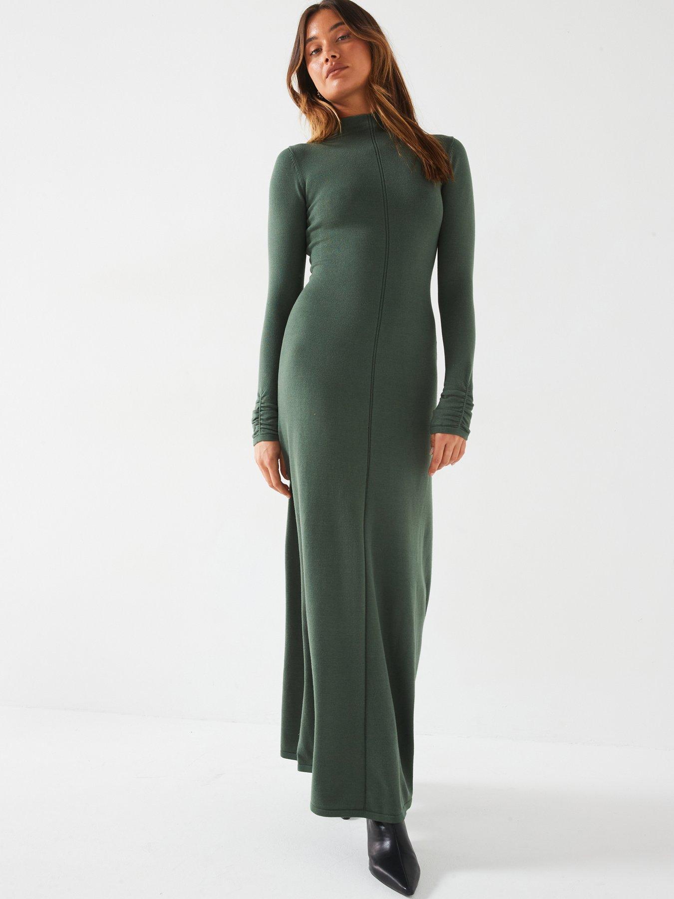 undefined High Neck Seam Detail Knitted Midaxi Dress - Green