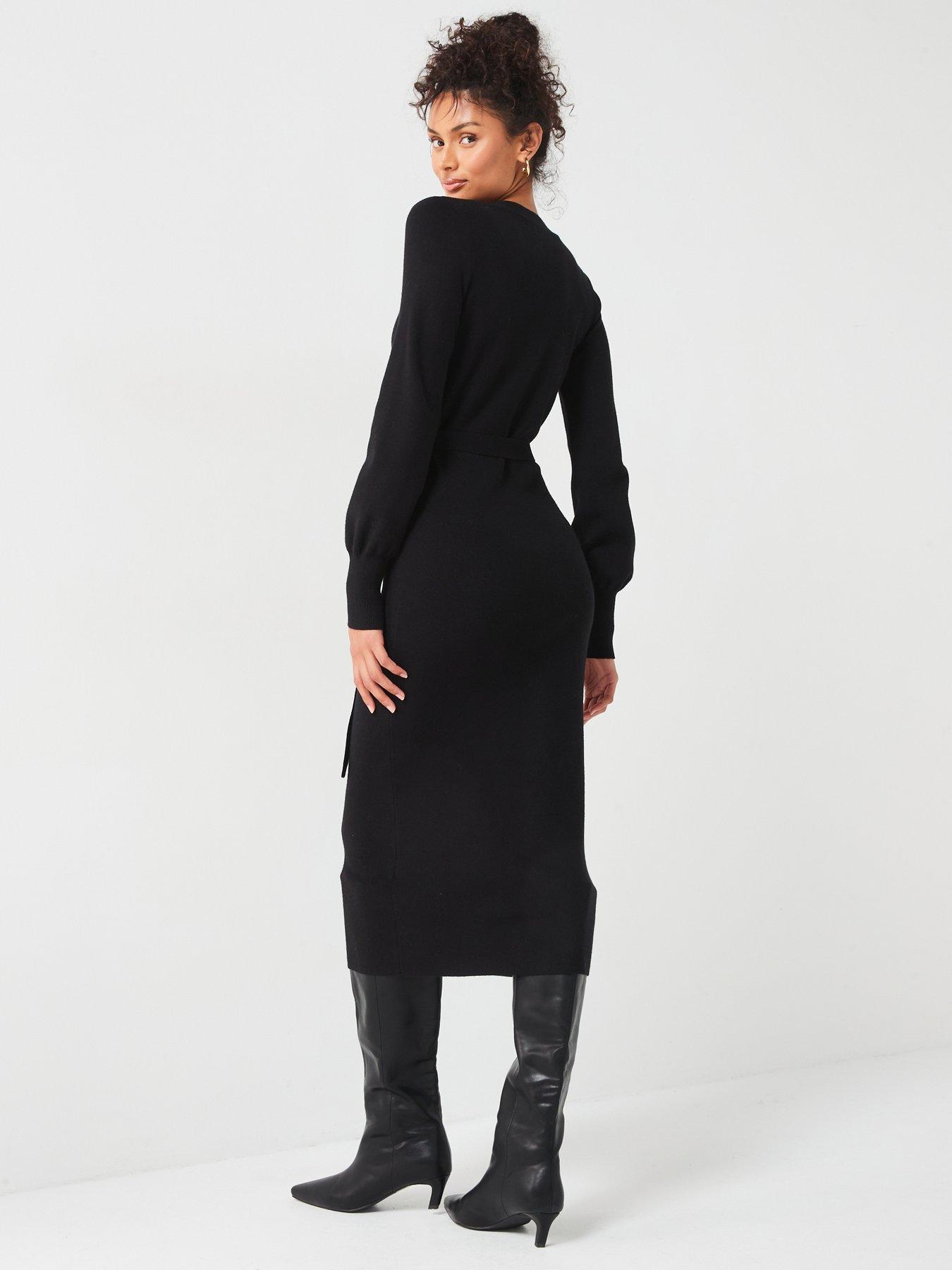 V Neck Knitted Midi Dress Black Offwhite main image 0