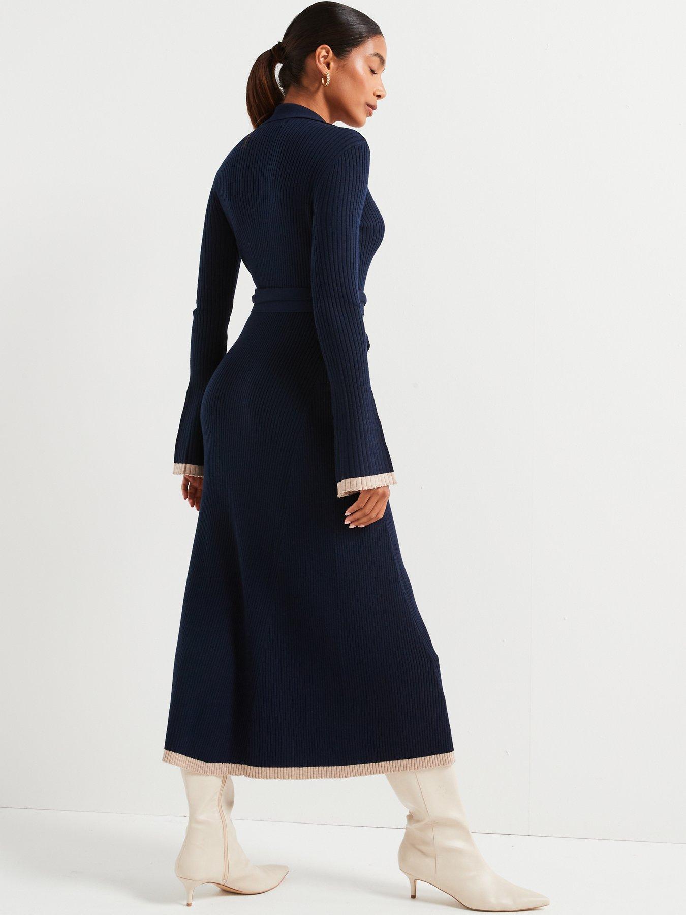 V by Very Premium Knitted Belted Dress with Wool Navy Very