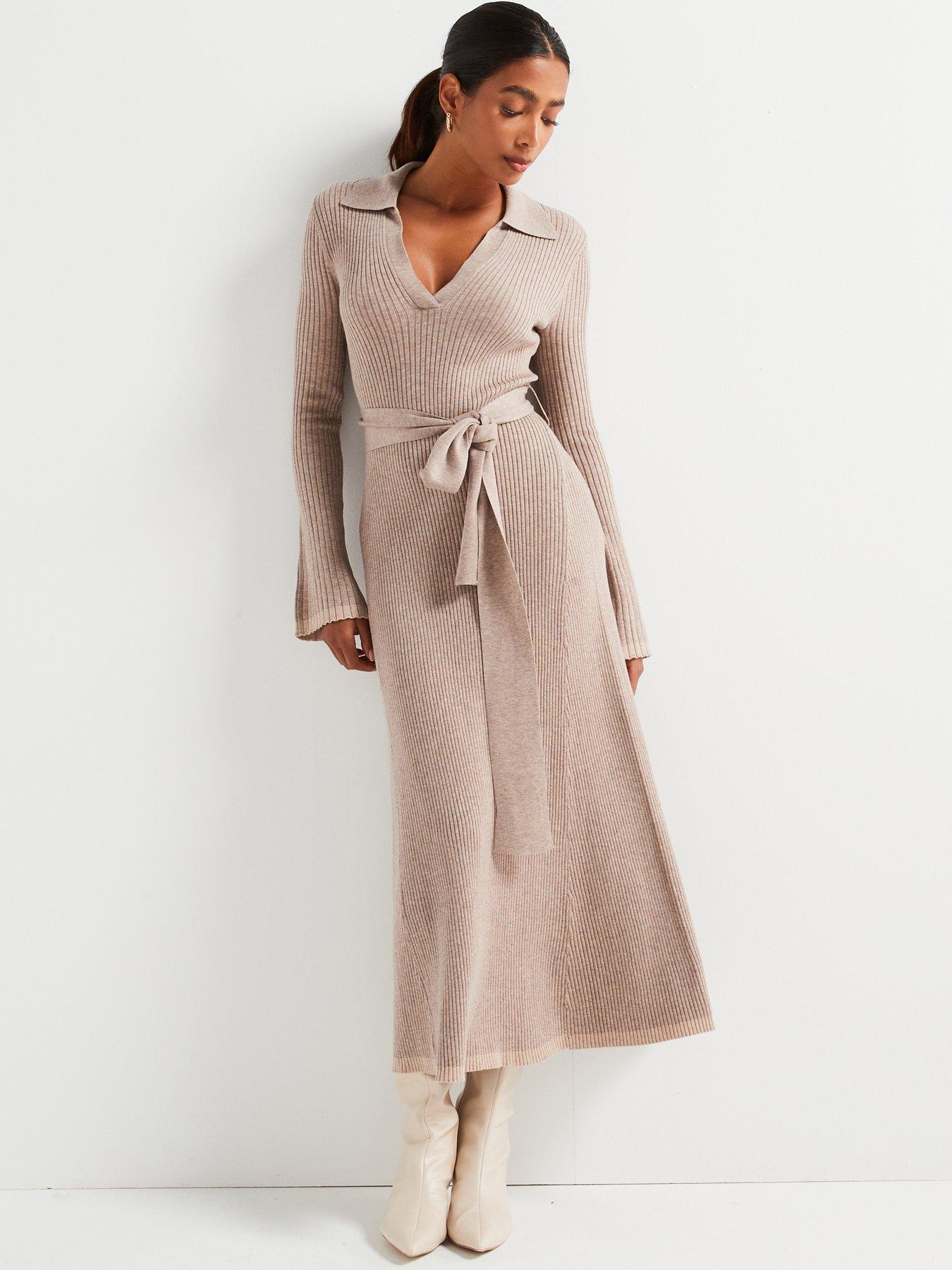 undefined Premium Knitted Belted Dress with Wool - Natural