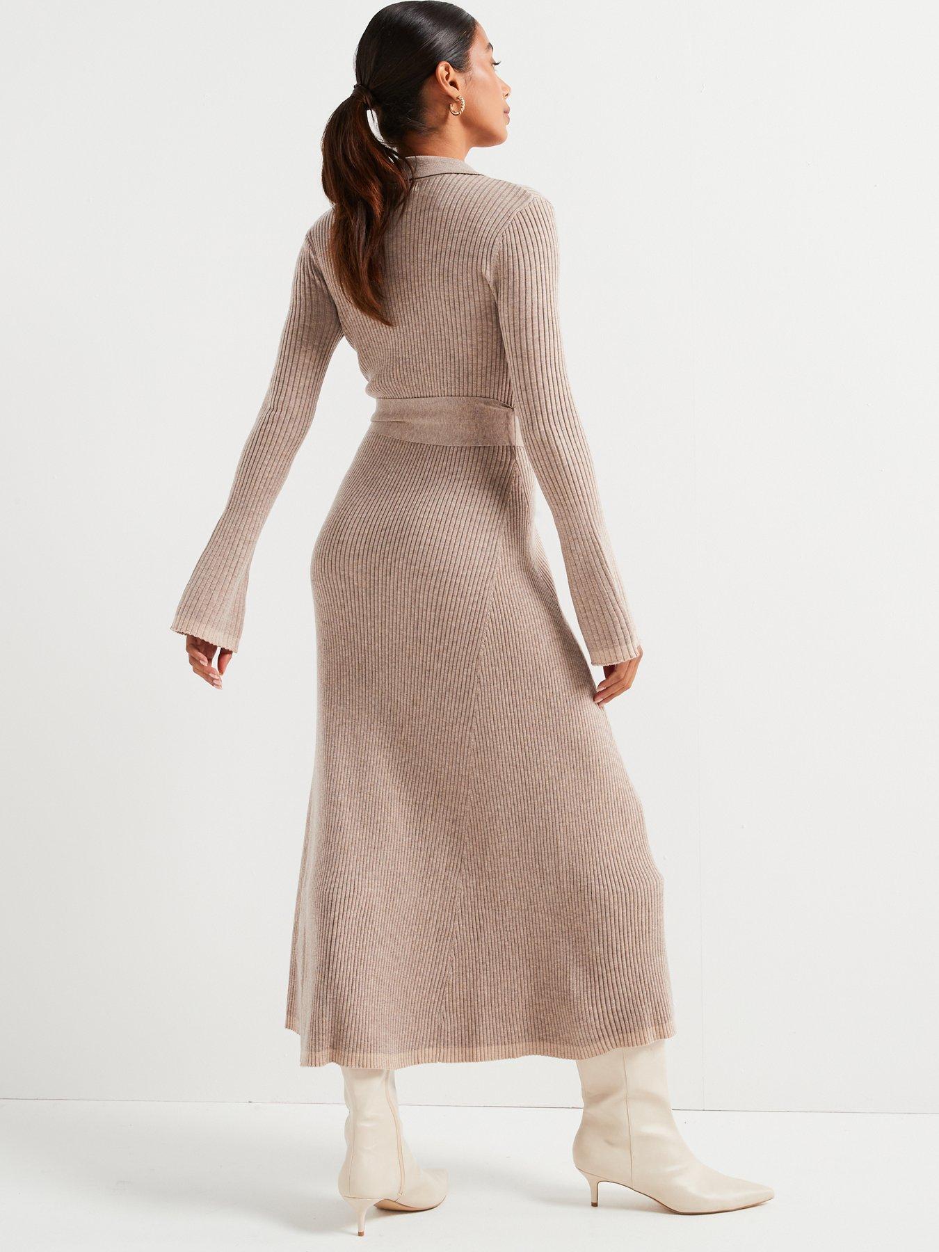 Image 2 of 6 of V by Very Premium Knitted Belted Dress with Wool - Natural