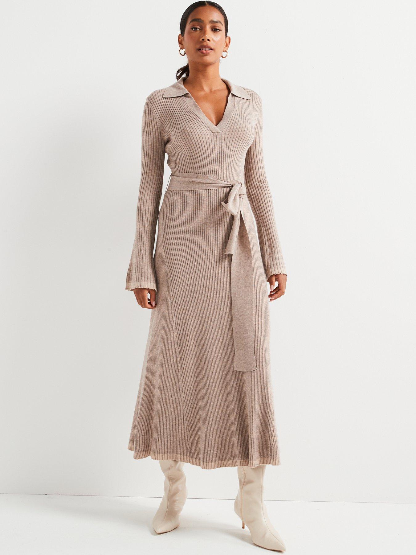Image 3 of 6 of V by Very Premium Knitted Belted Dress with Wool - Natural