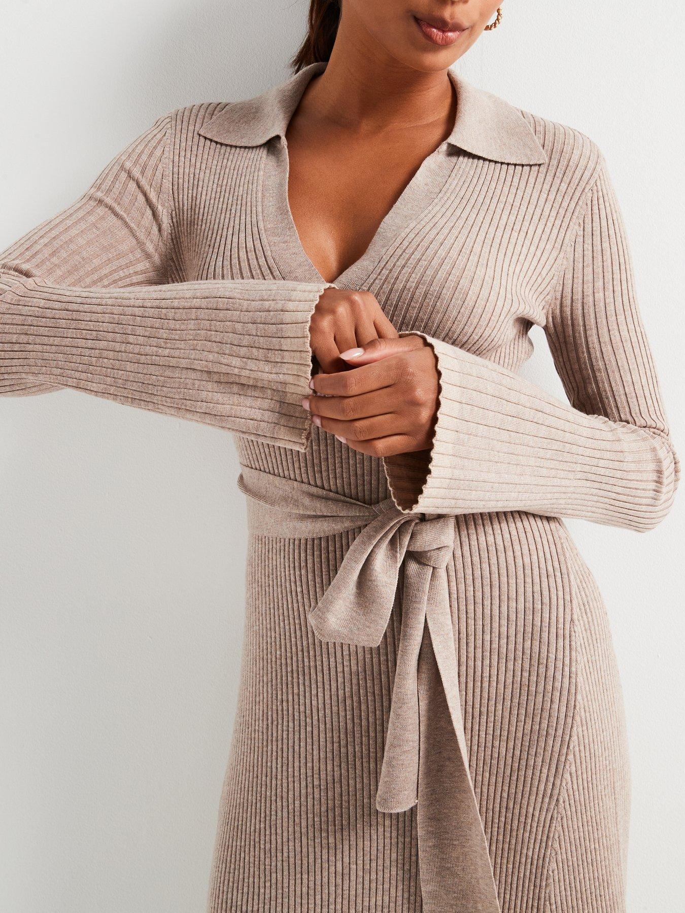 Image 4 of 6 of V by Very Premium Knitted Belted Dress with Wool - Natural