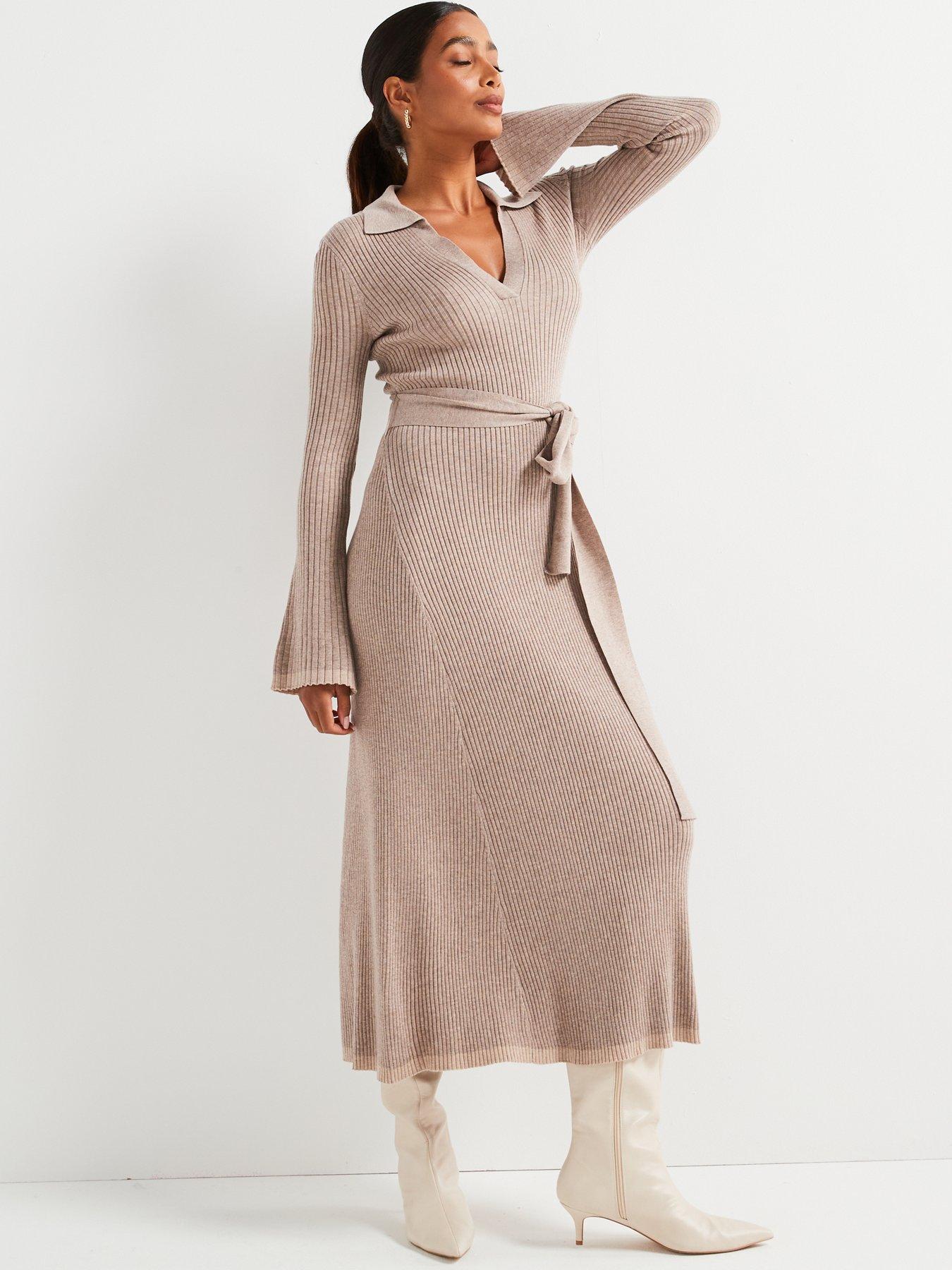 Image 5 of 6 of V by Very Premium Knitted Belted Dress with Wool - Natural