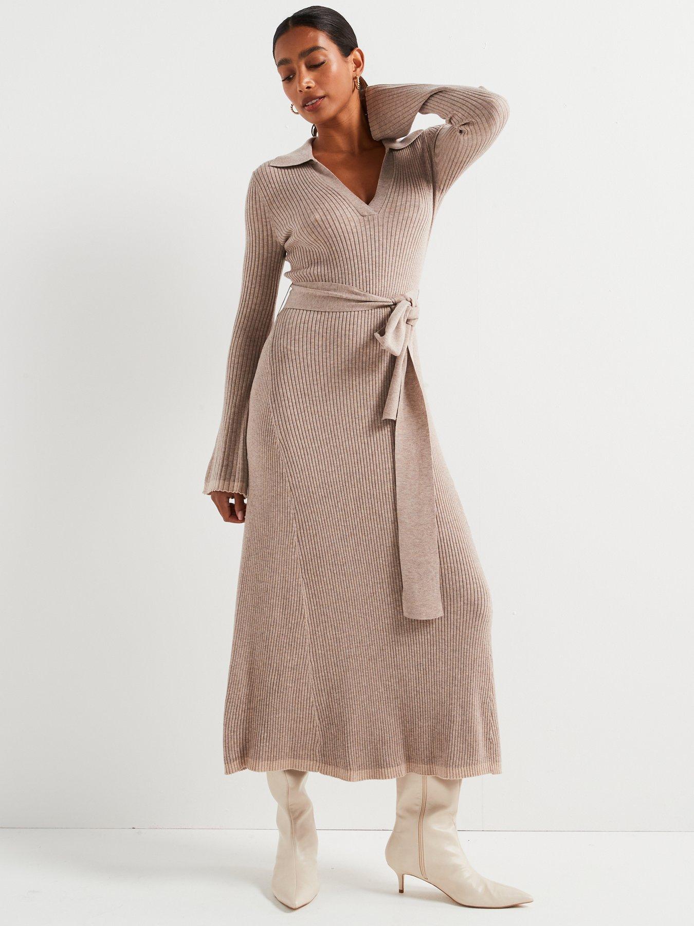 Image 6 of 6 of V by Very Premium Knitted Belted Dress with Wool - Natural