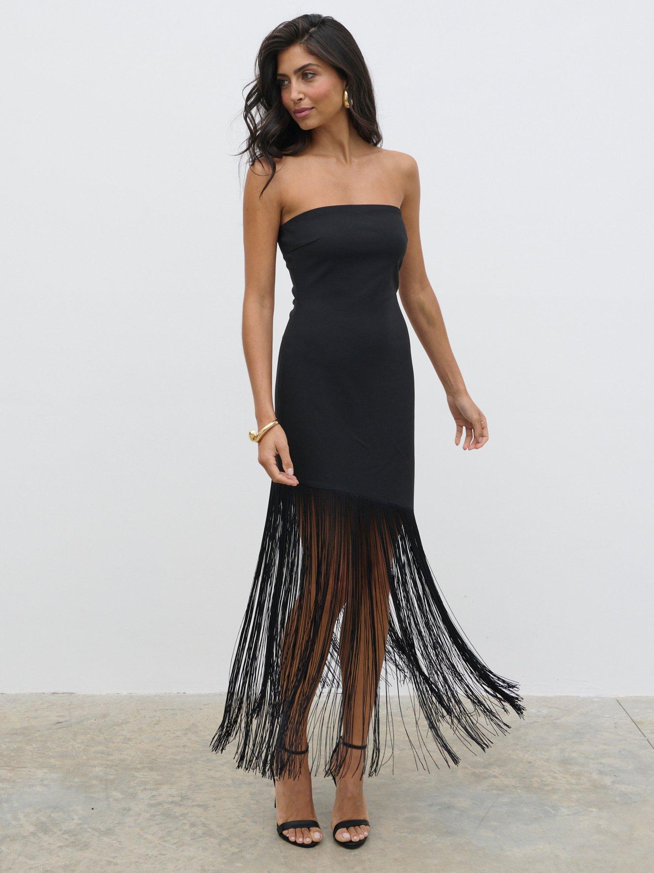 Pretty Lavish Eliana Bandeau Asymmetric Fringed Dress - Black