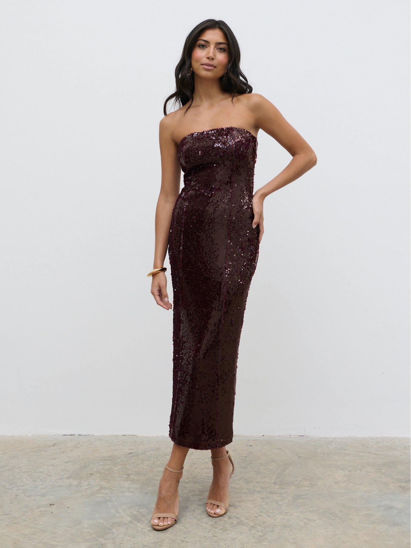 undefined Gene Bandeau Sequin Midaxi Dress - Burgundy