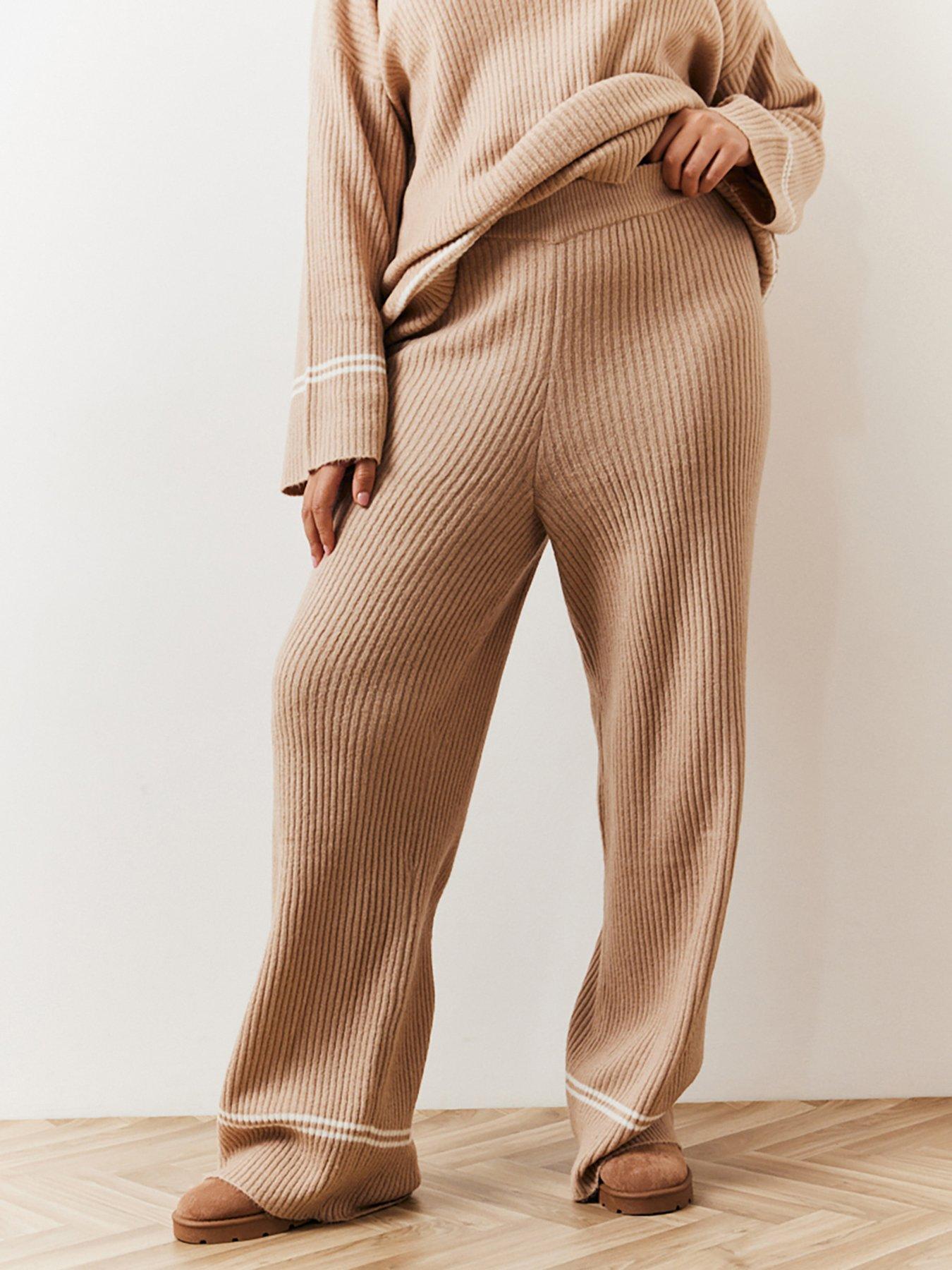 undefined Fits Oatmeal Contrast Piping Co-Ord Knit Wide Leg Trouser - Beige