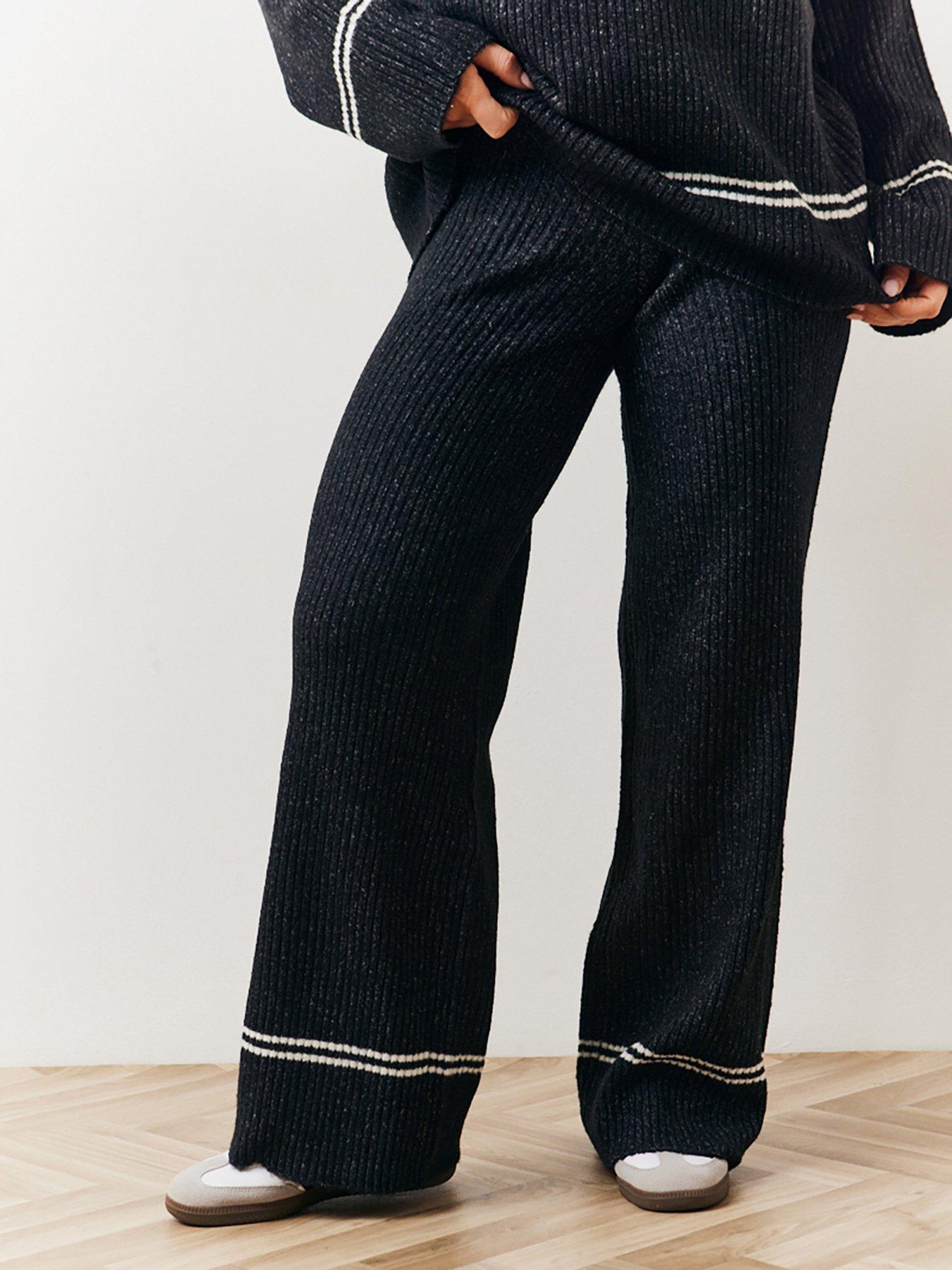 In The Style Fits Contrast Piping Co-Ord Knit Wide Leg Trouser - Black