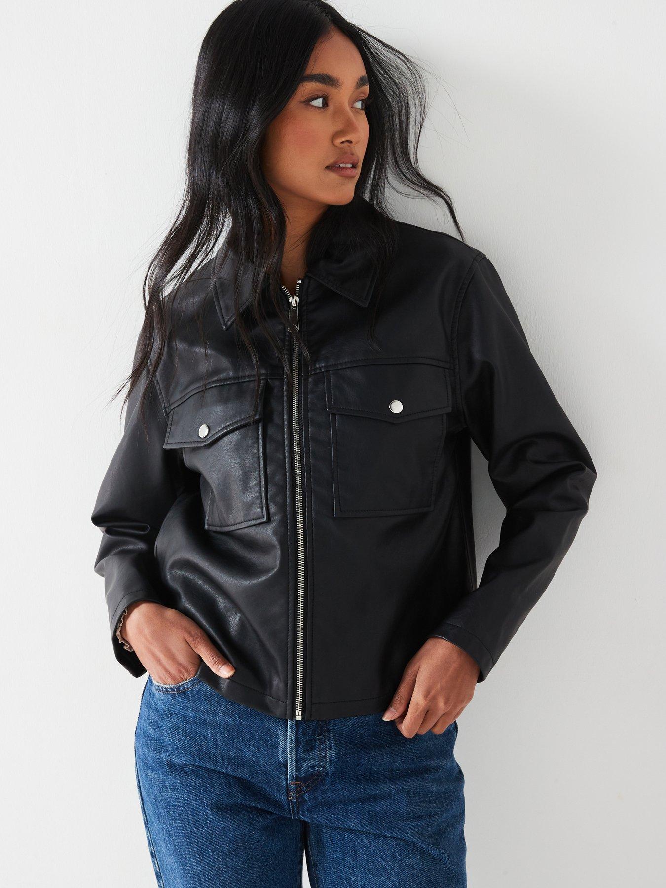 undefined Faux Leather Jacket With Pockets - Black