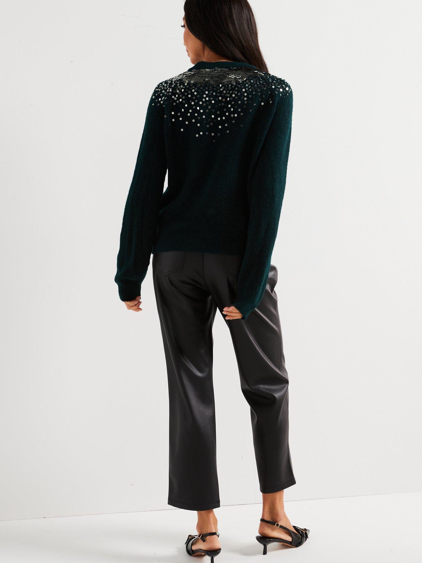 Image 2 of 6 of V by Very Crew Neck Sequin Long Sleeve Jumper with Wool - Green