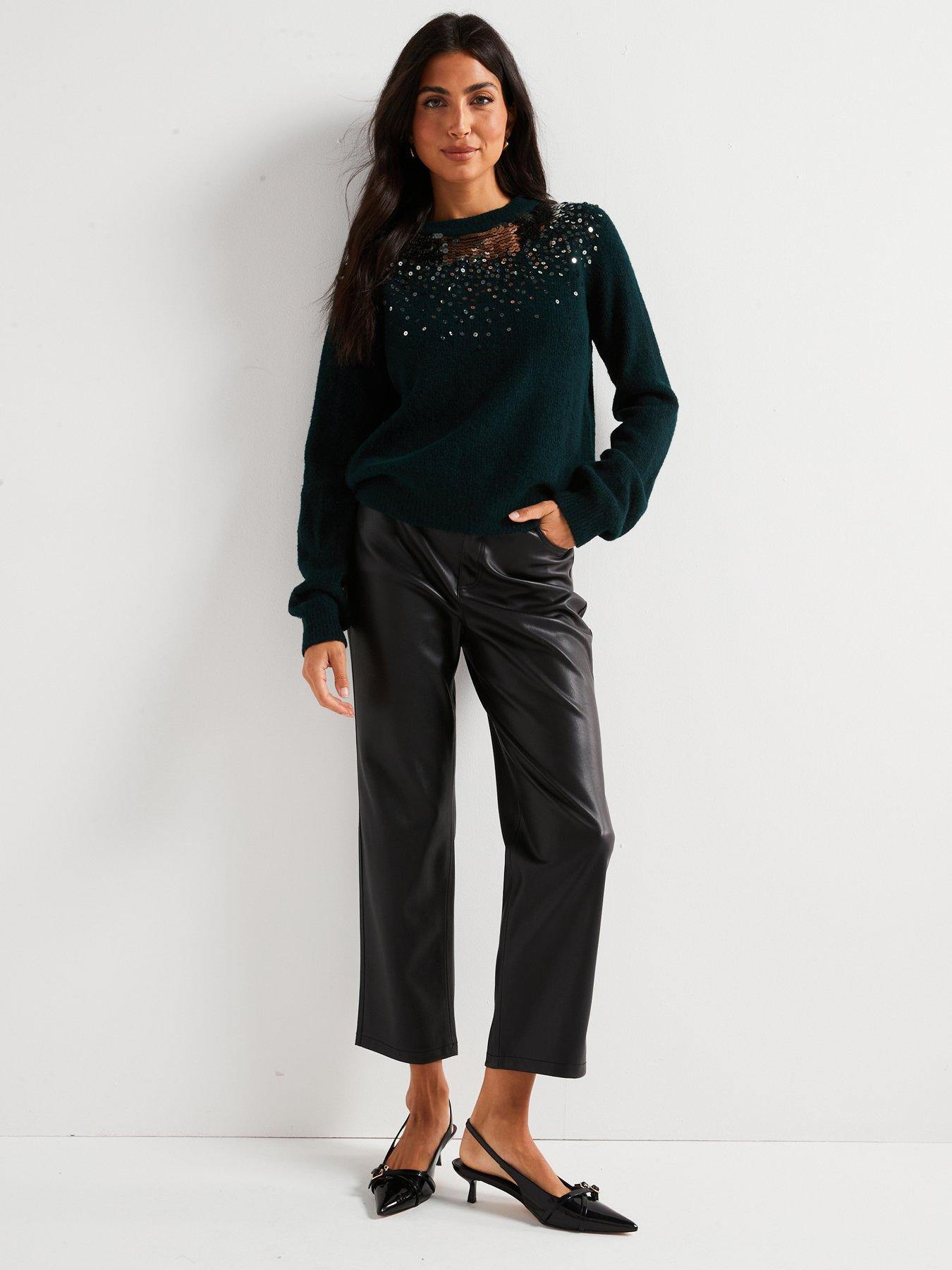 Image 3 of 6 of V by Very Crew Neck Sequin Long Sleeve Jumper with Wool - Green