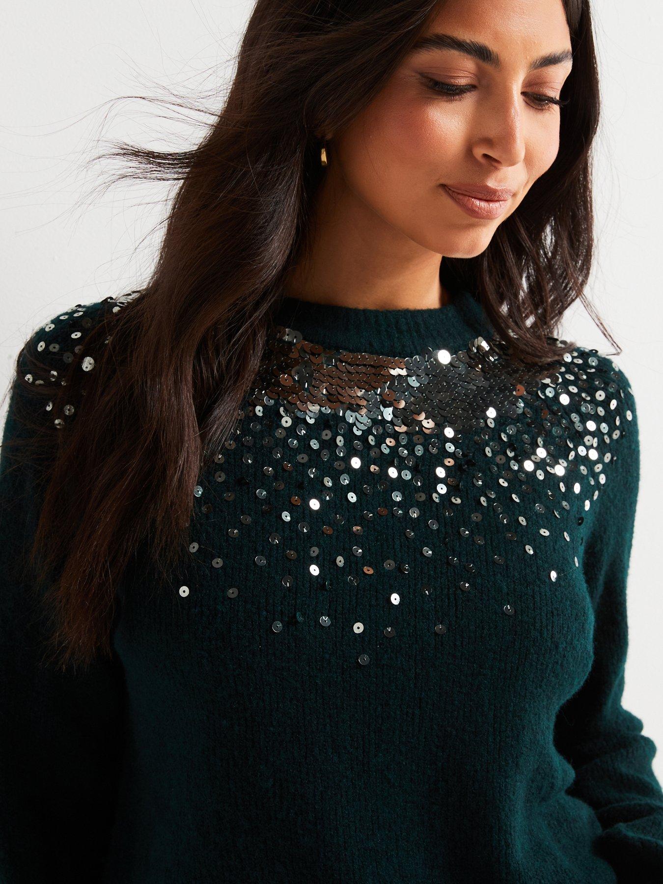 Image 4 of 6 of V by Very Crew Neck Sequin Long Sleeve Jumper with Wool - Green