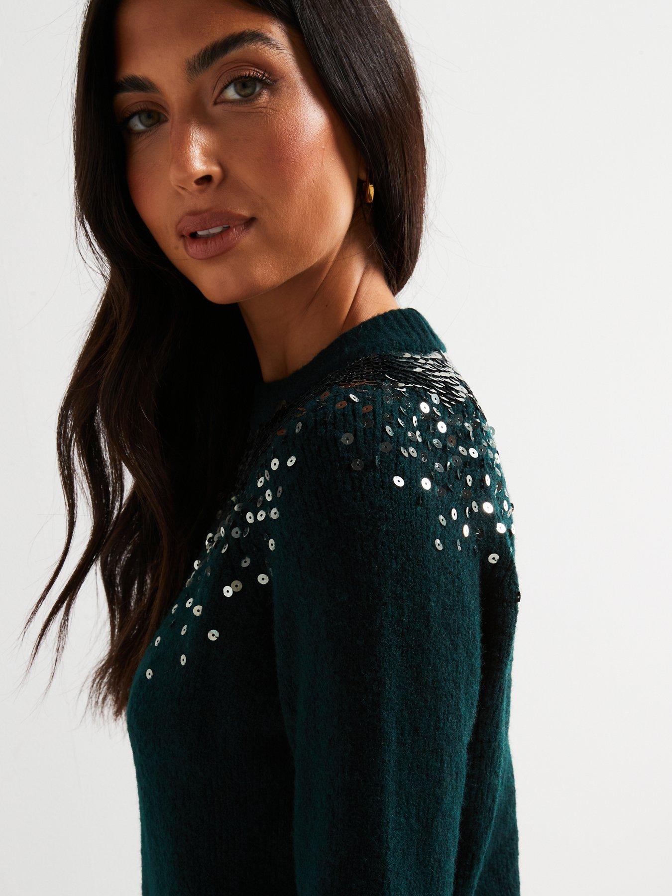 Image 5 of 6 of V by Very Crew Neck Sequin Long Sleeve Jumper with Wool - Green
