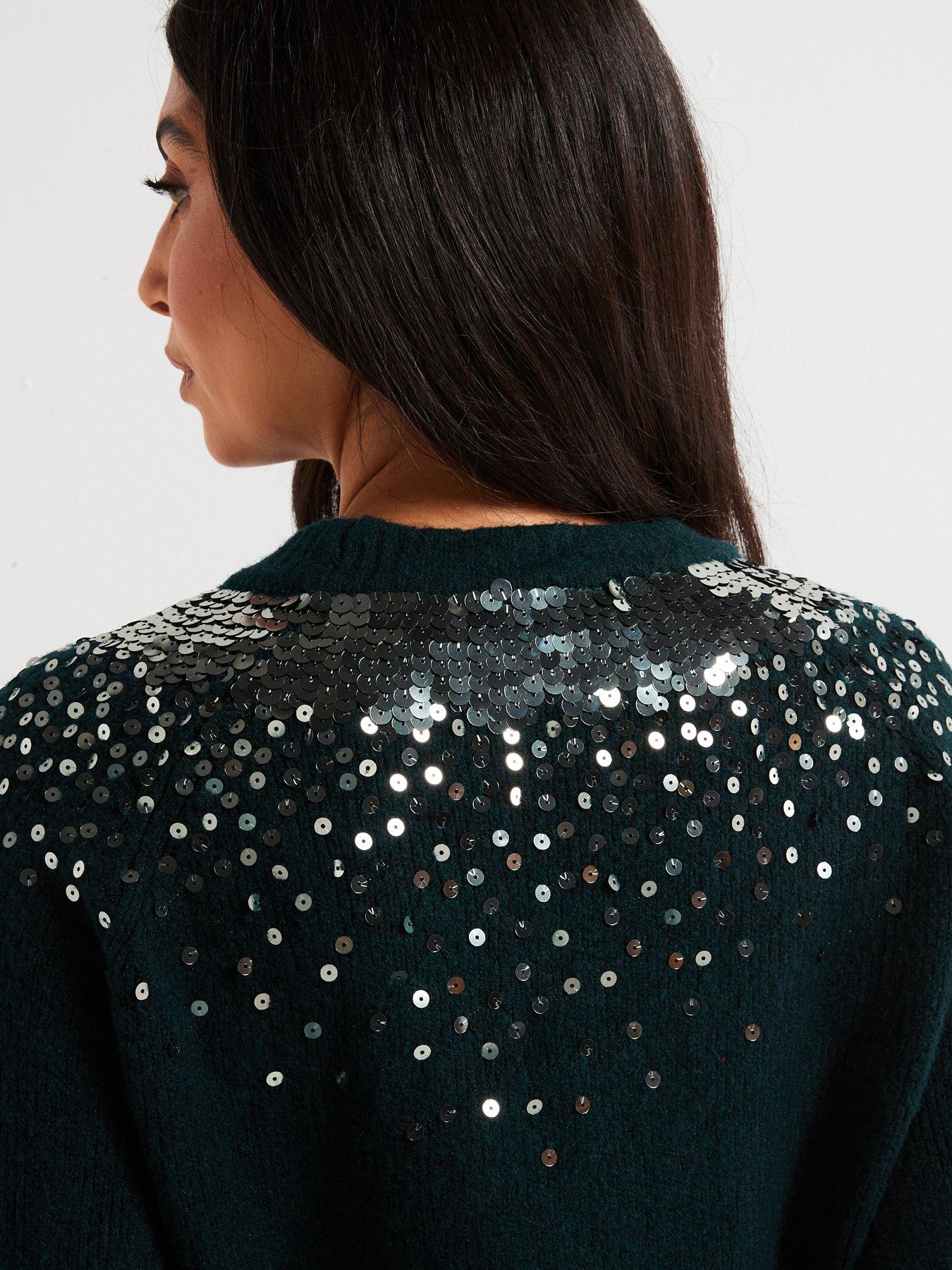 Image 6 of 6 of V by Very Crew Neck Sequin Long Sleeve Jumper with Wool - Green