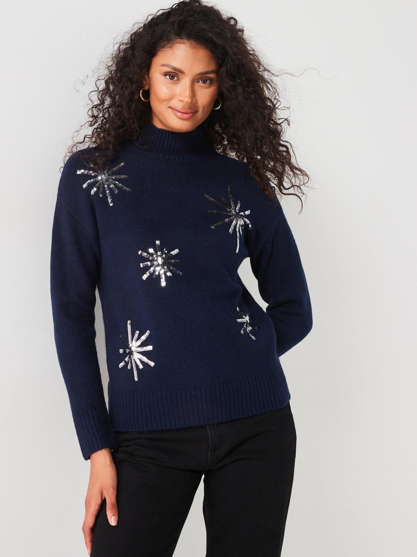 V by Very Funnel Neck Star Sequin Jumper Navy