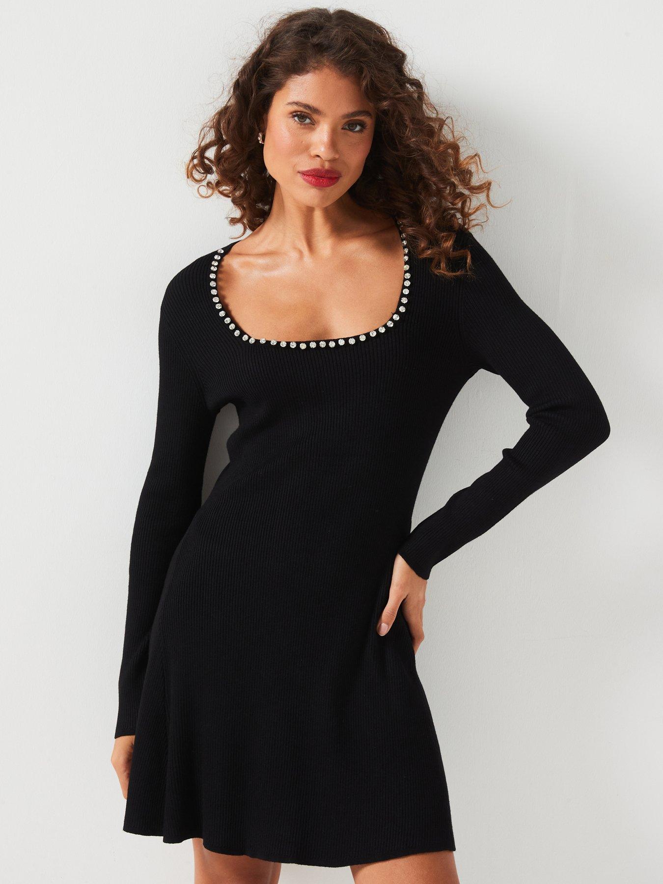 undefined Party: Square Neck Embellished Dress - Black