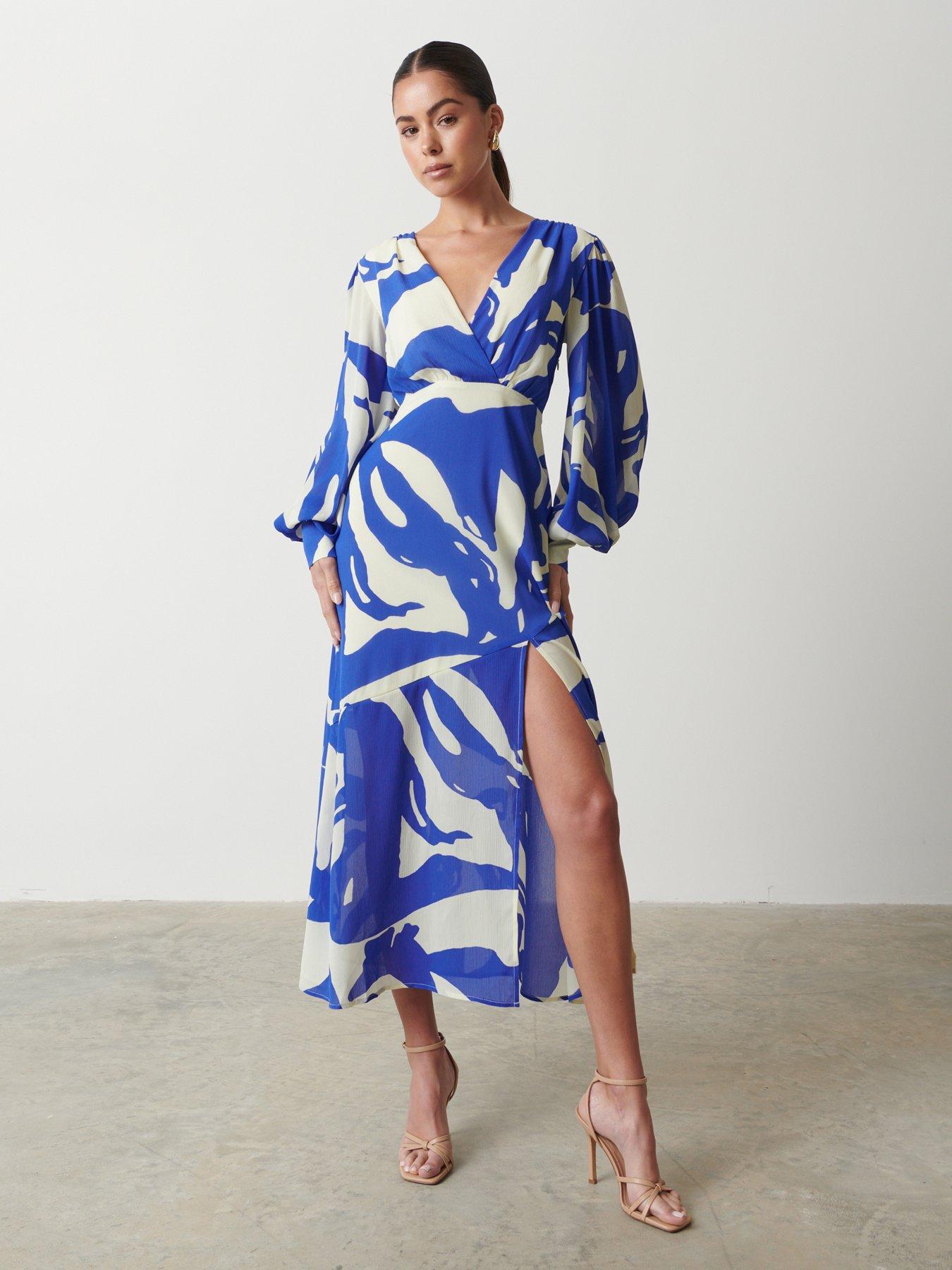 undefined Lilianna Backless Balloon Sleeve Printed Dress - Abstract - Blue