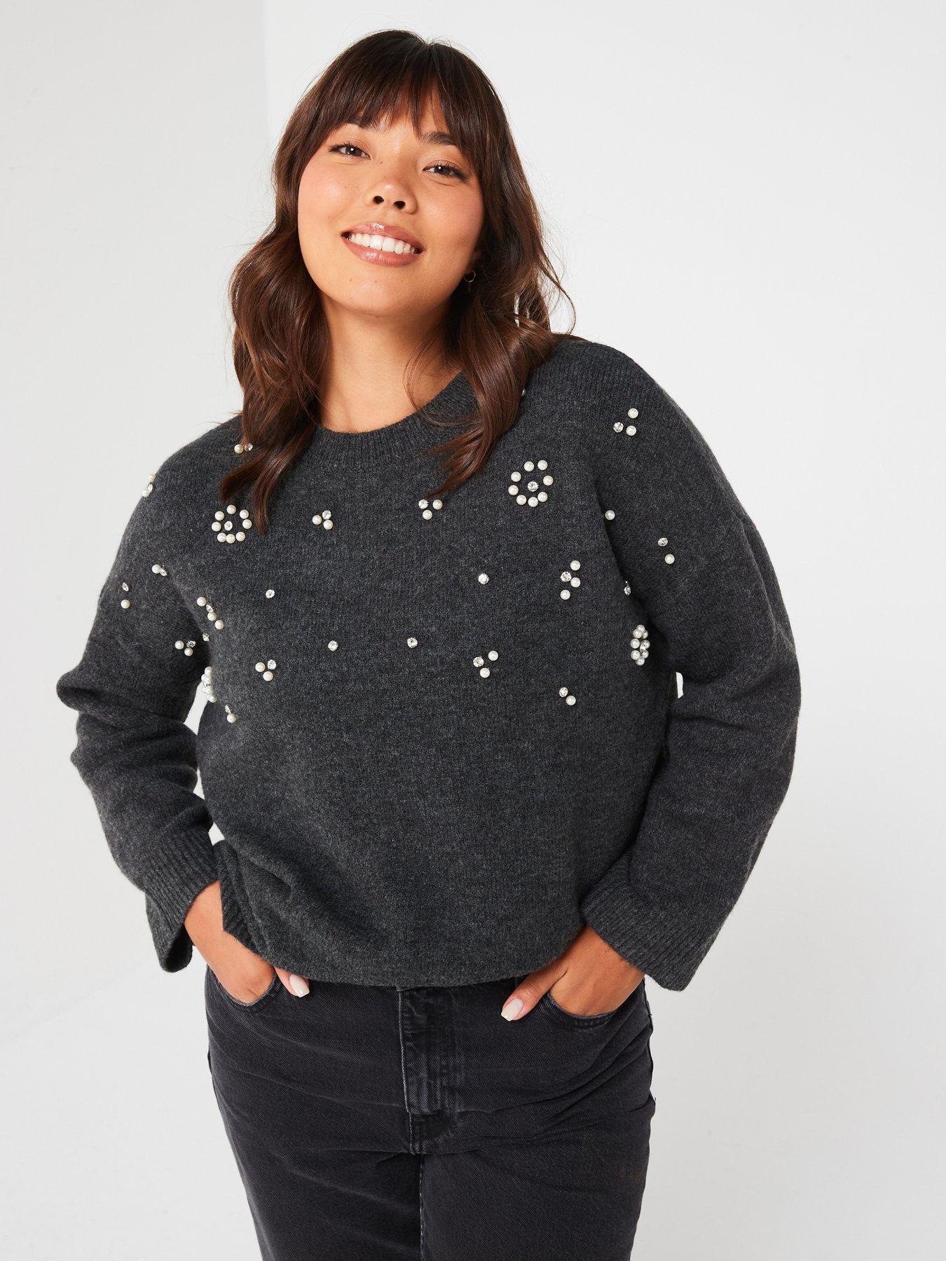undefined Pearl Detail Crew Neck Jumper - Black