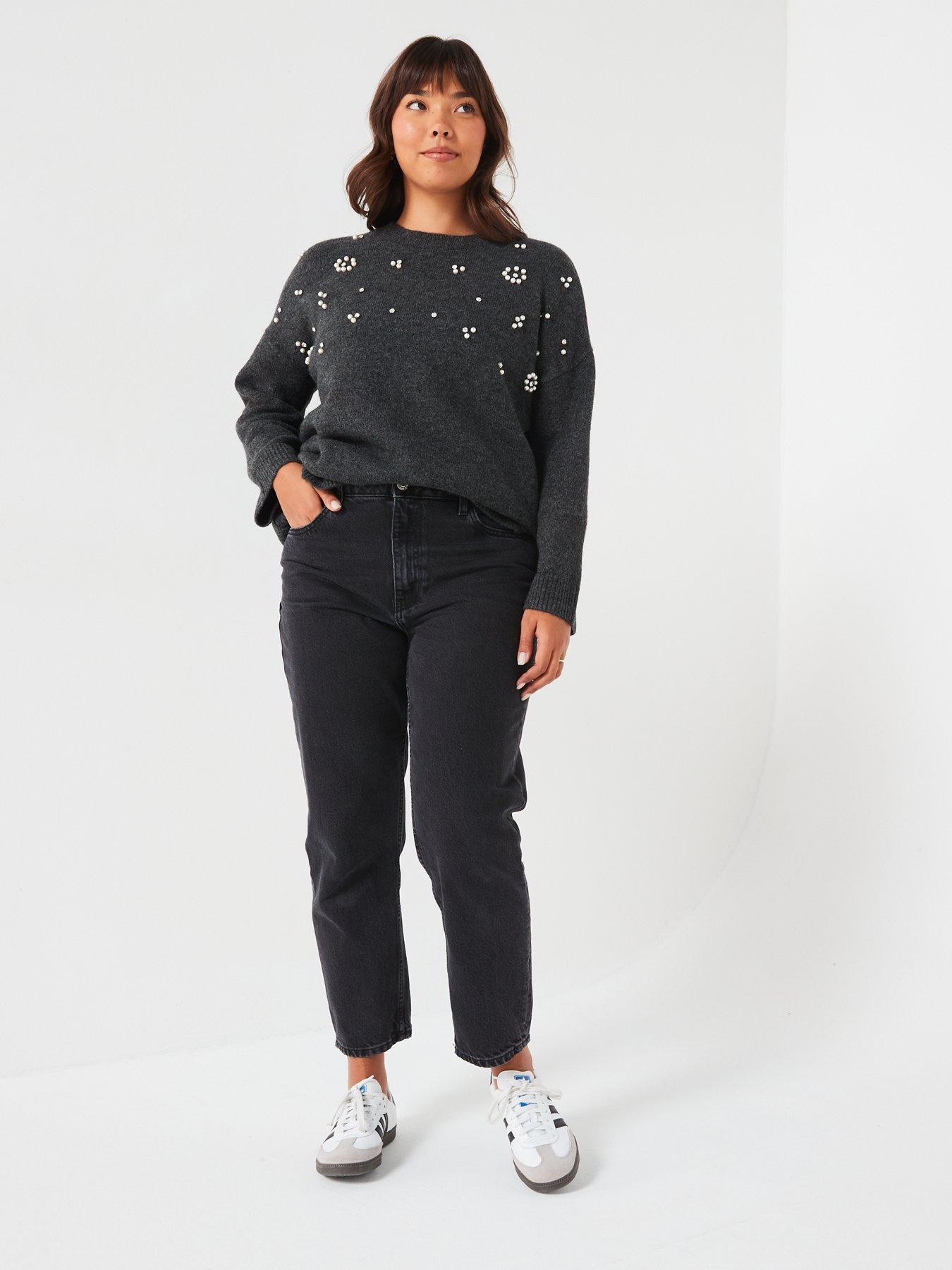 Image 3 of 6 of V by Very Curve Pearl Detail Crew Neck Jumper - Black