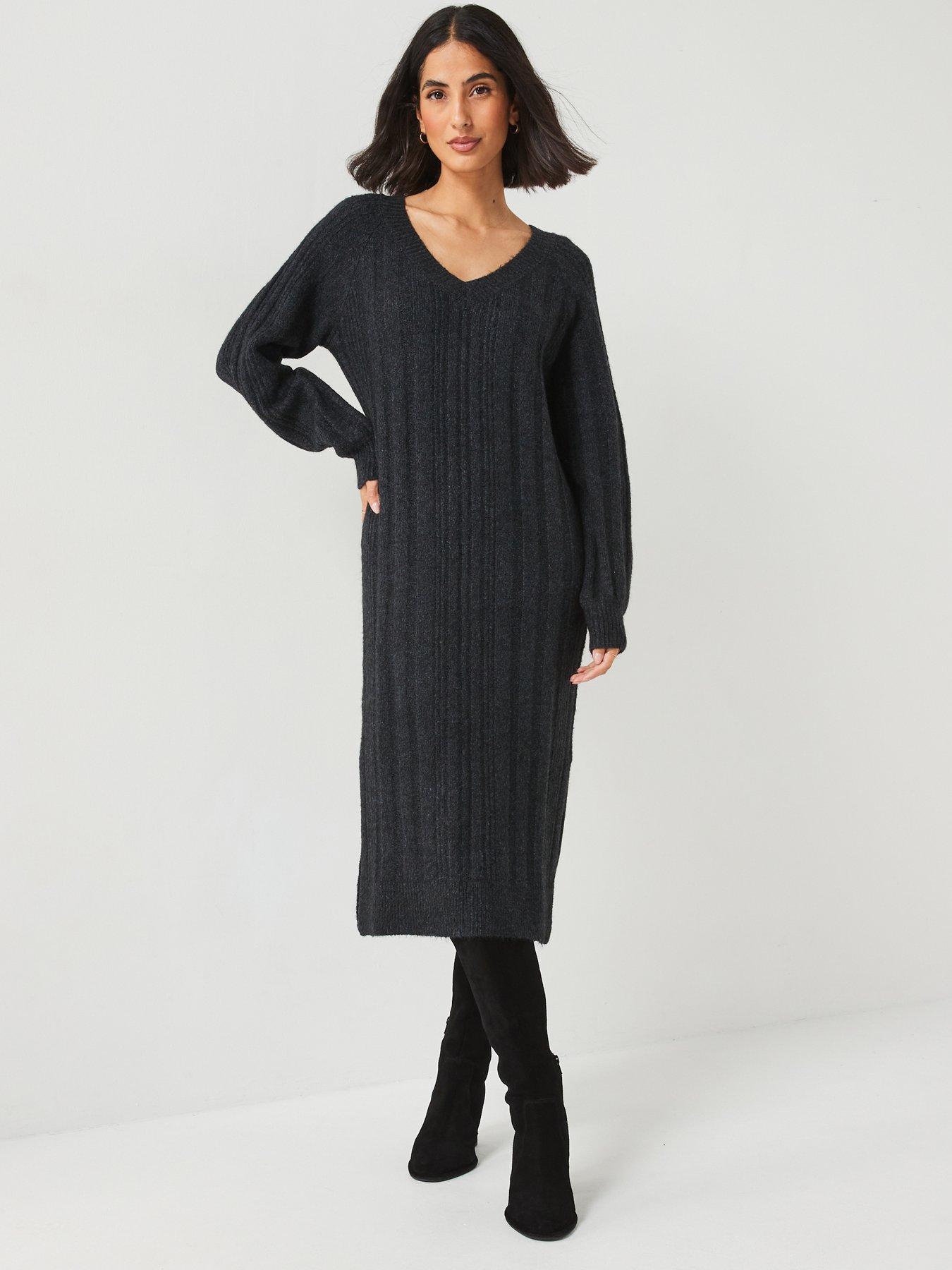 undefined V Neck Rib Knitted Dress - Dark Grey