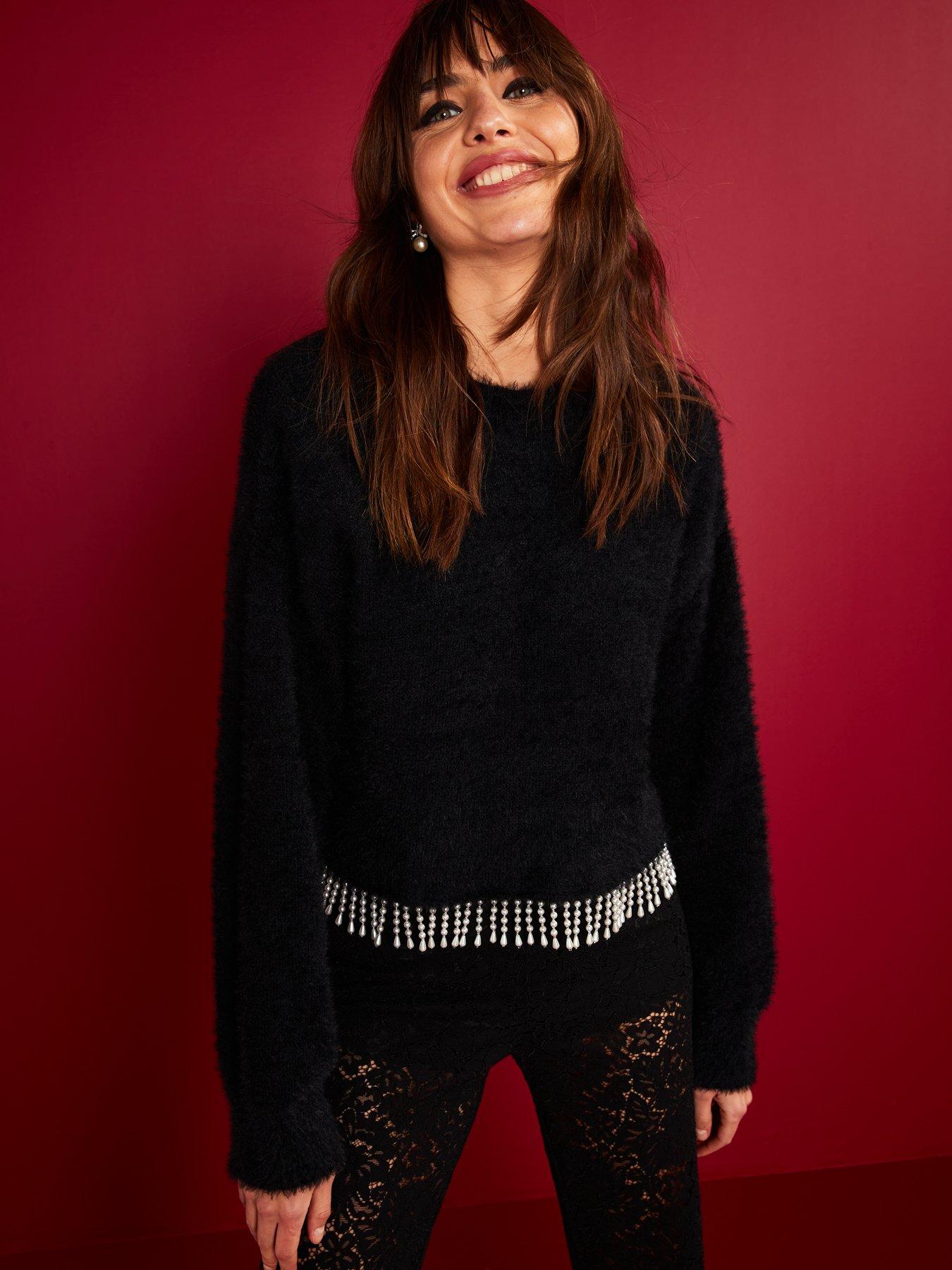 Image 1 of 6 of V by Very Crew Neck Pearl Trim Jumper - Black