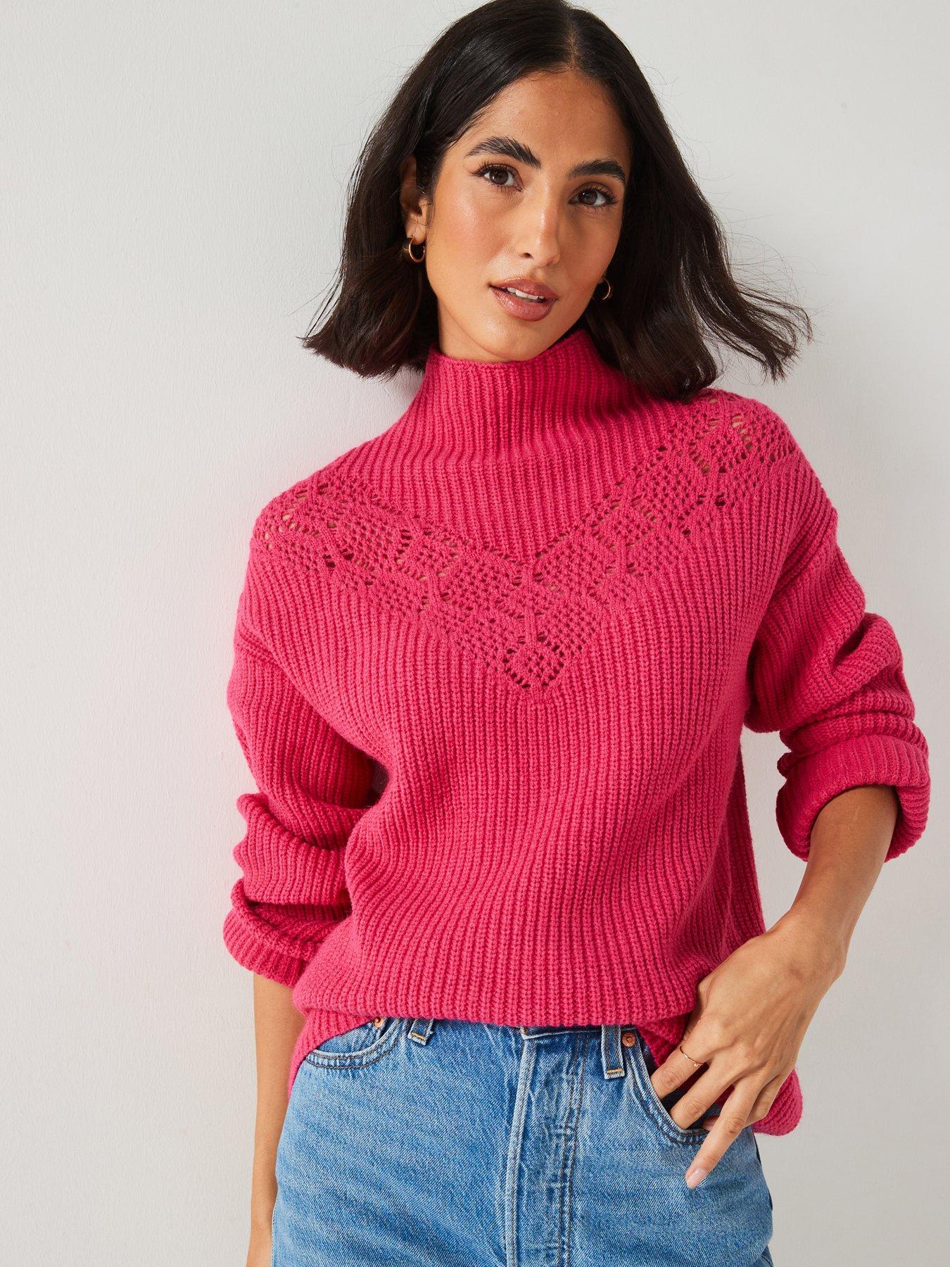 undefined Funnel Neck Crochet Pointelle Jumper - Pink