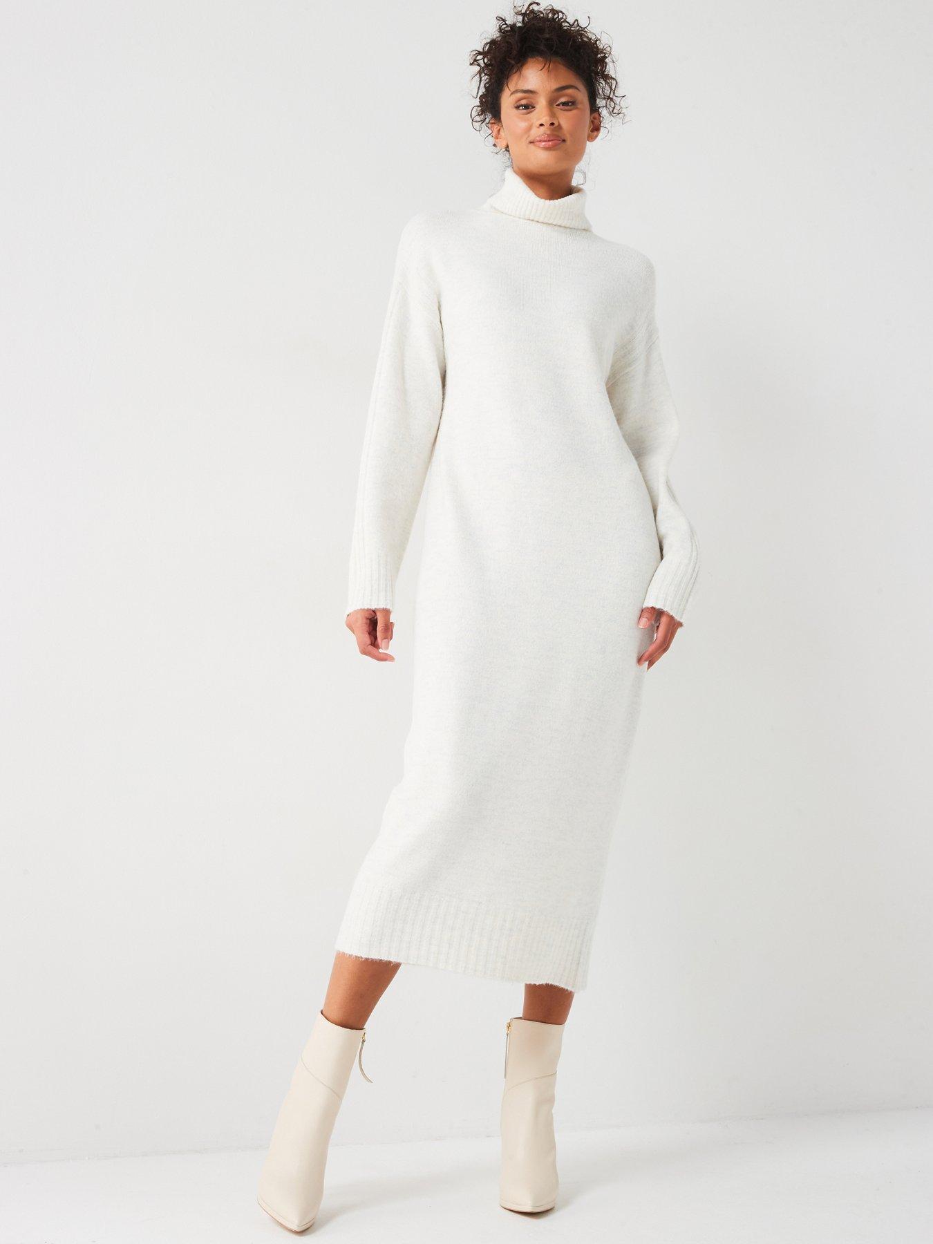 undefined Roll Neck Long Sleeve Knitted Midaxi Dress - Cream