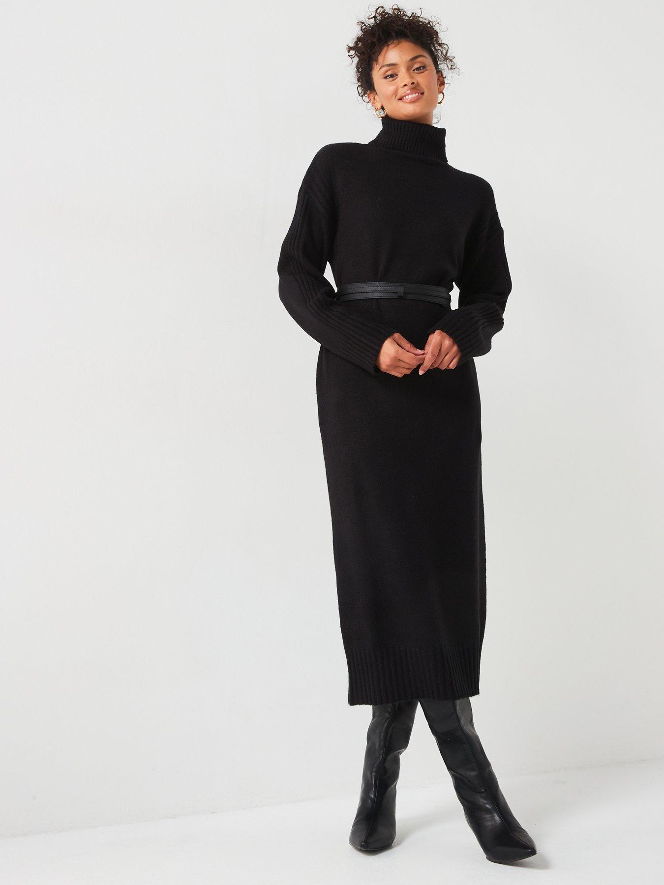 undefined Roll Neck Long Sleeve Knitted Midaxi Dress - Black
