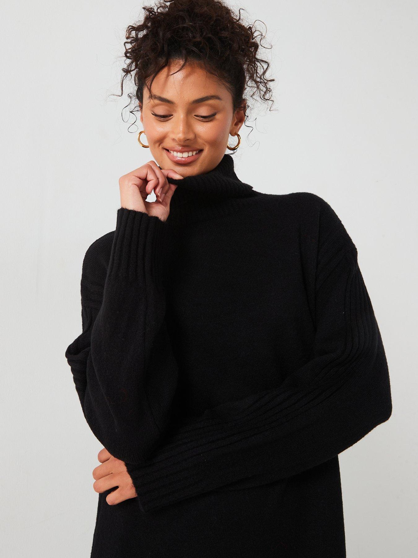 V by Very Roll Neck Long Sleeve Knitted Midaxi Dress Black