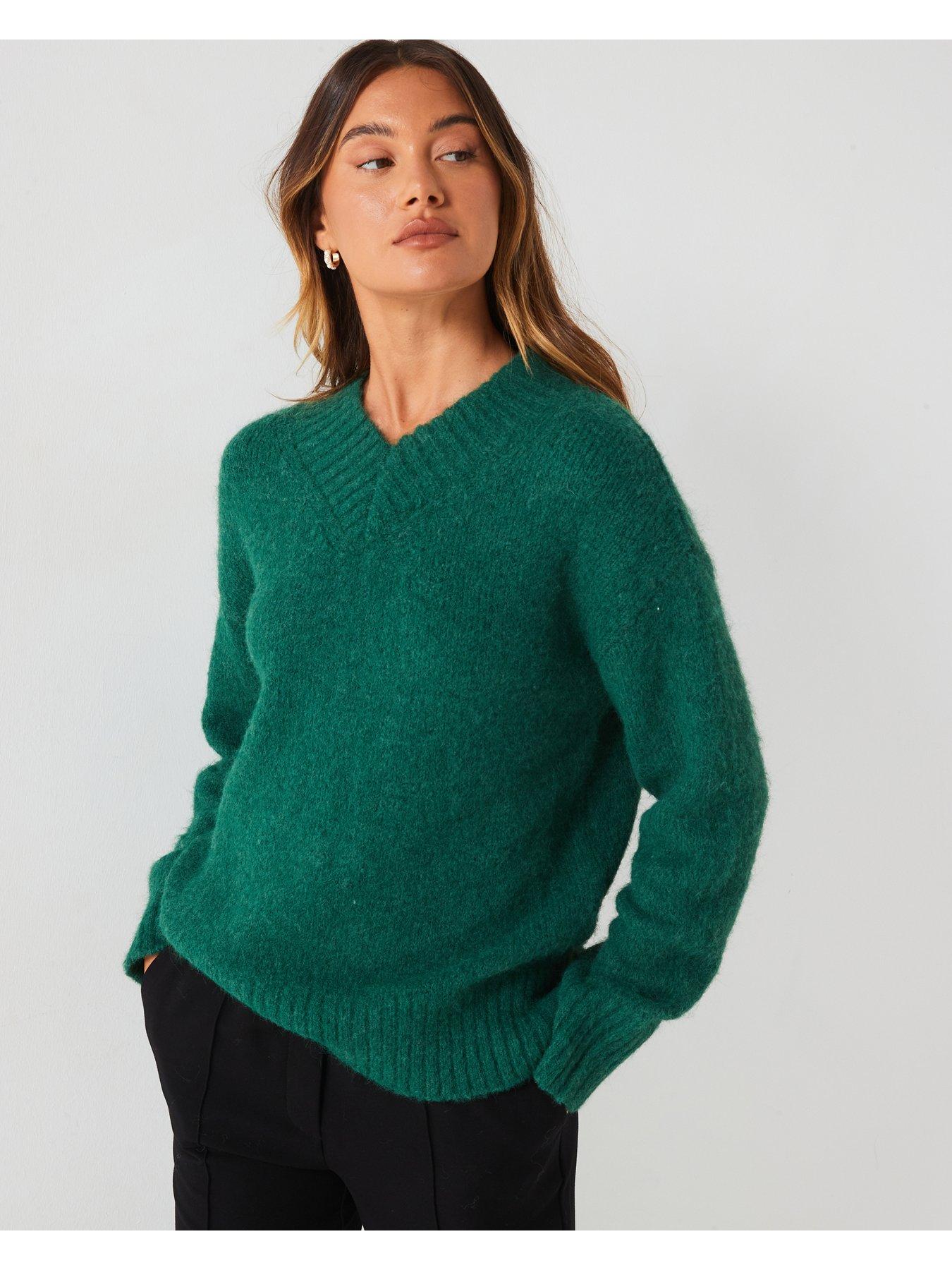 undefined V Neck Brushed Yarn Jumper with Wool - Green