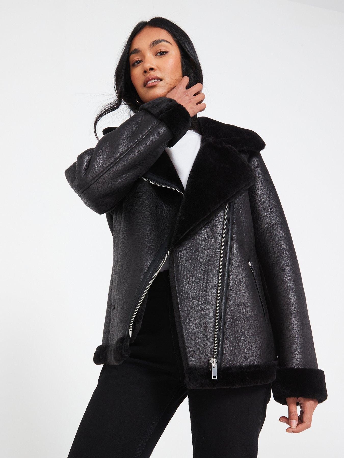 undefined Faux Shearling Aviator Jacket - Black