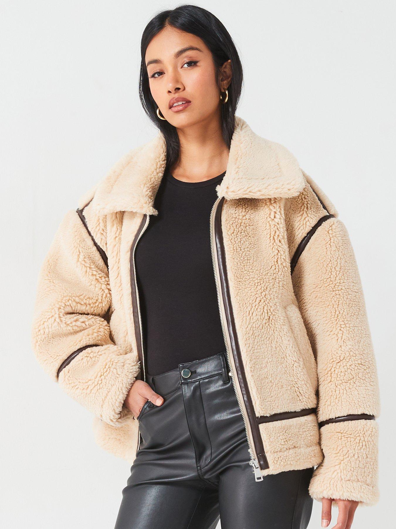 undefined Faux Fur Aviator Jacket With Contrast Trims - Light Brown