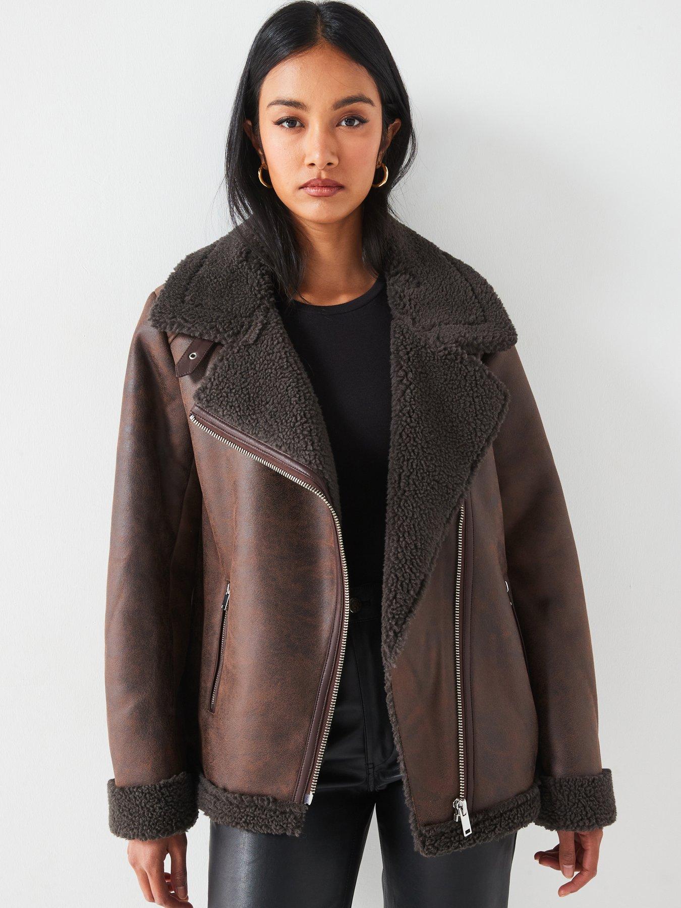 undefined Faux Shearling Distressed Aviator Jacket - Dark Brown