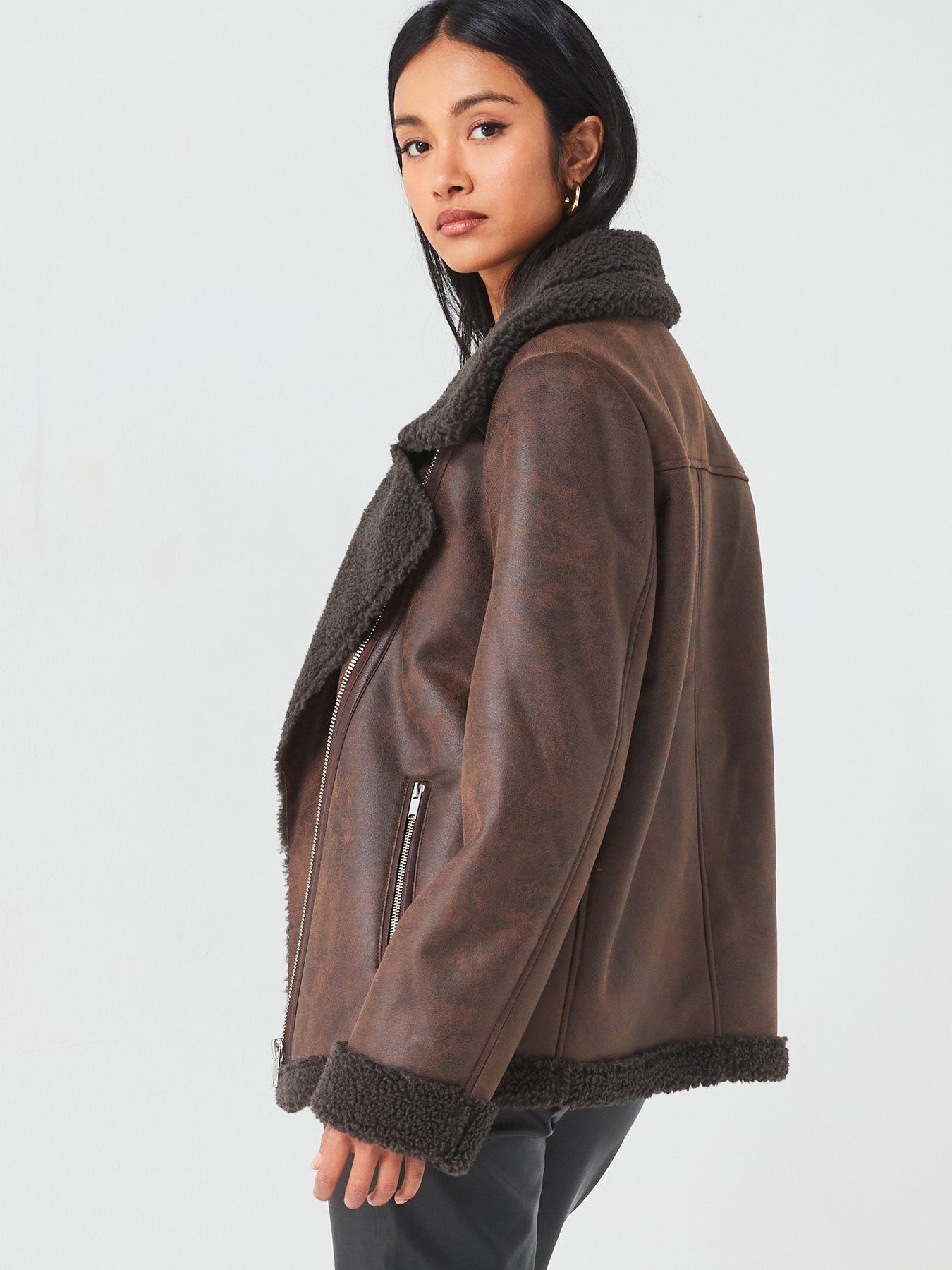 Image 2 of 6 of V by Very Faux Shearling Distressed Aviator Jacket - Dark Brown