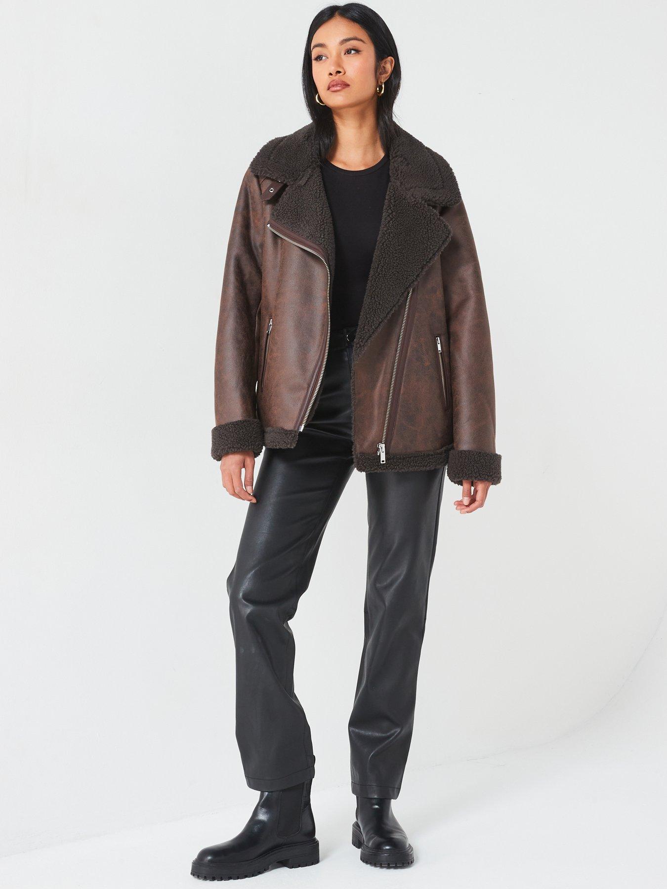 Image 3 of 6 of V by Very Faux Shearling Distressed Aviator Jacket - Dark Brown