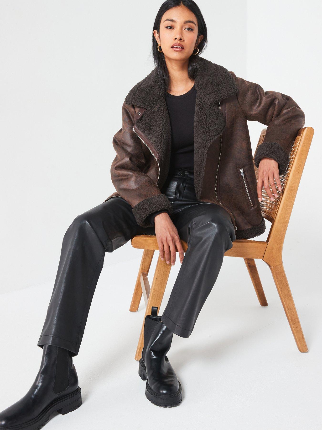 Image 4 of 6 of V by Very Faux Shearling Distressed Aviator Jacket - Dark Brown