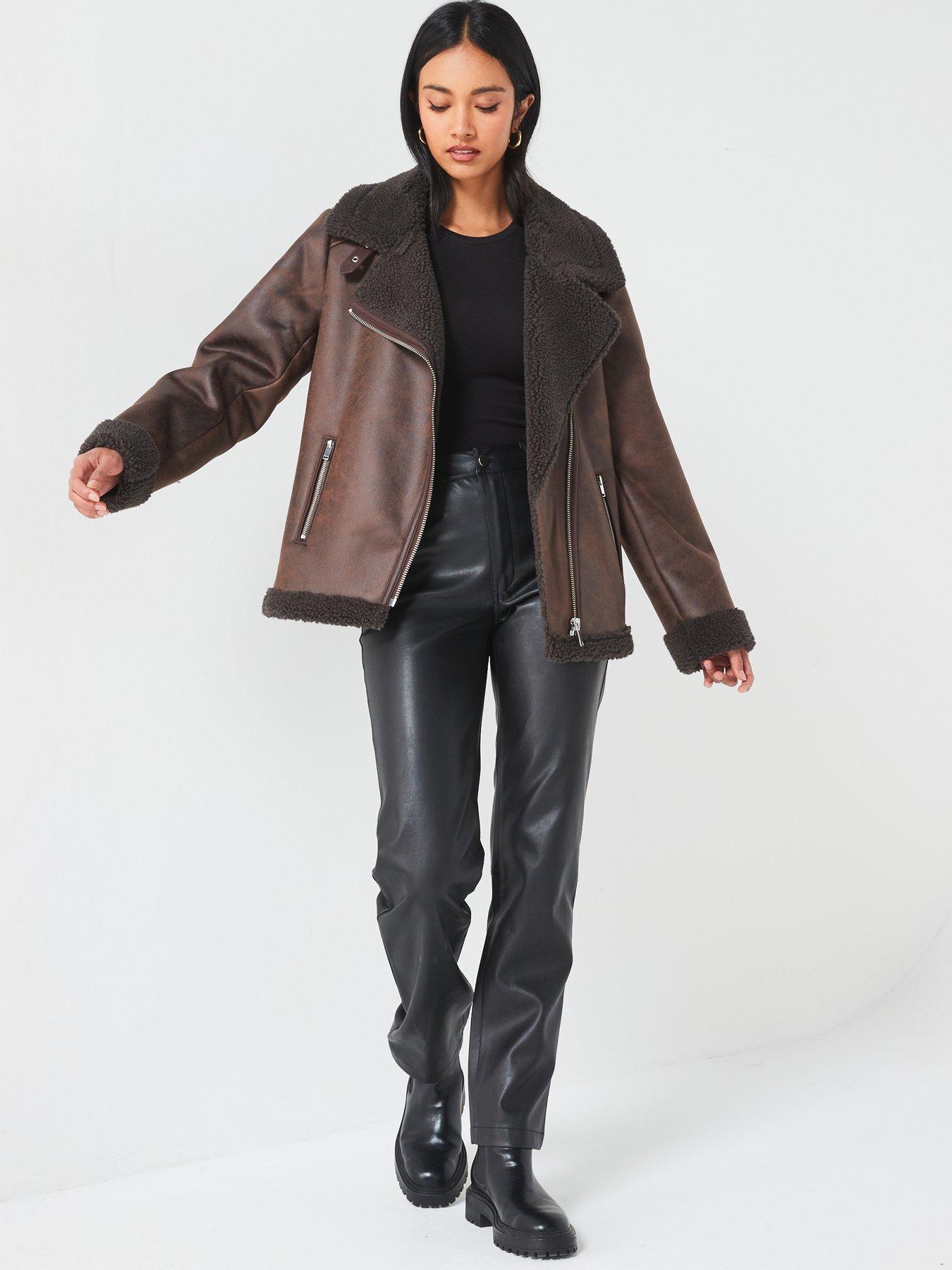 Image 5 of 6 of V by Very Faux Shearling Distressed Aviator Jacket - Dark Brown