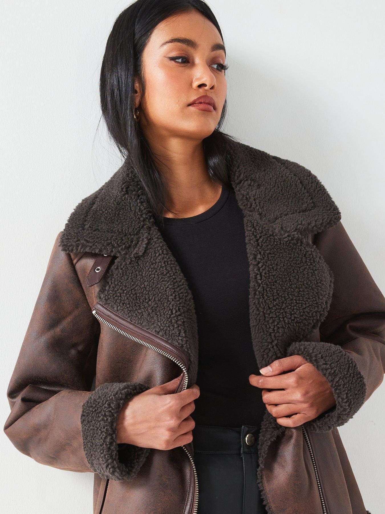 Image 6 of 6 of V by Very Faux Shearling Distressed Aviator Jacket - Dark Brown
