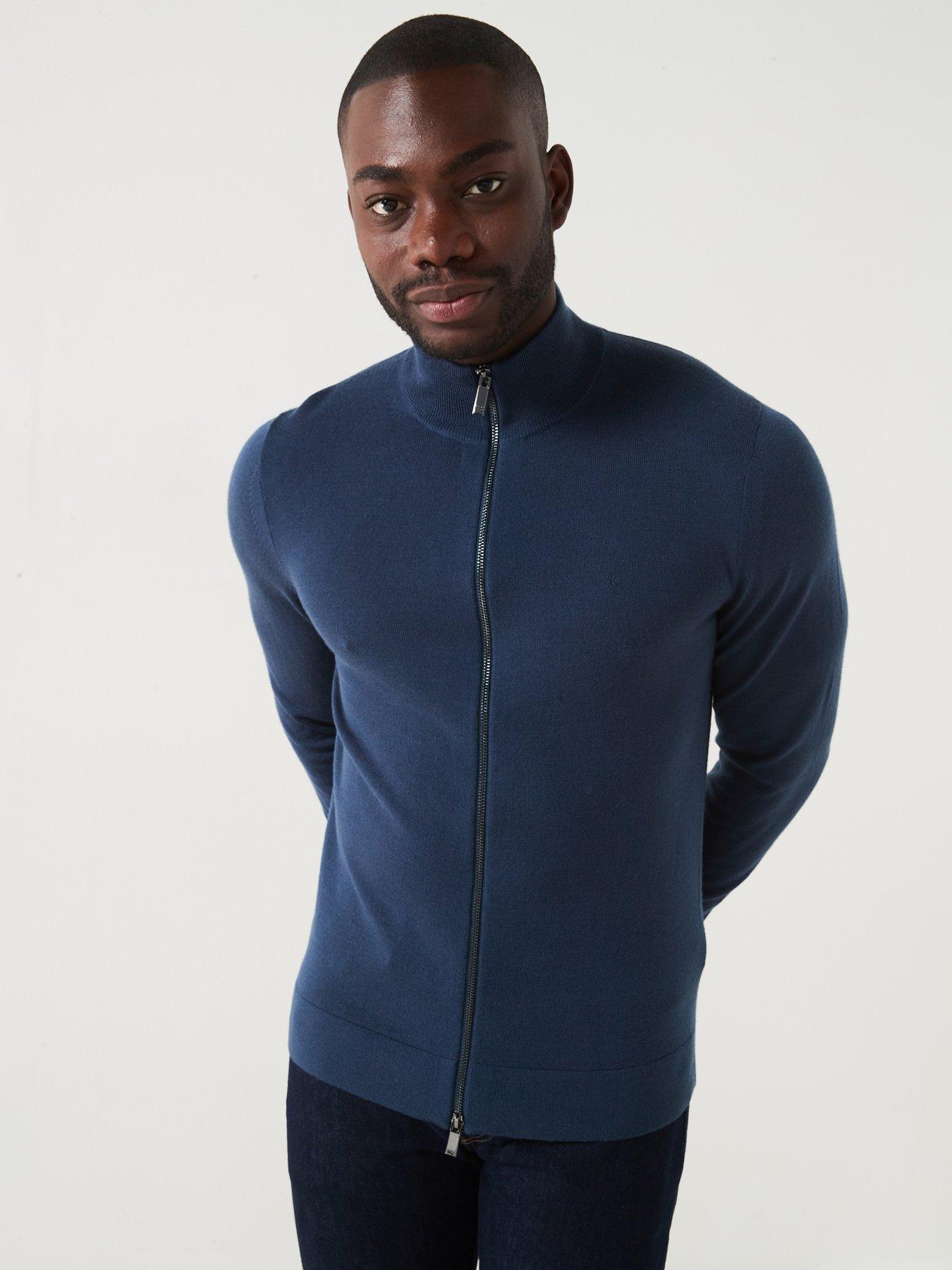 undefined Wool Zip Through Knitted Jumper - Dark Blue