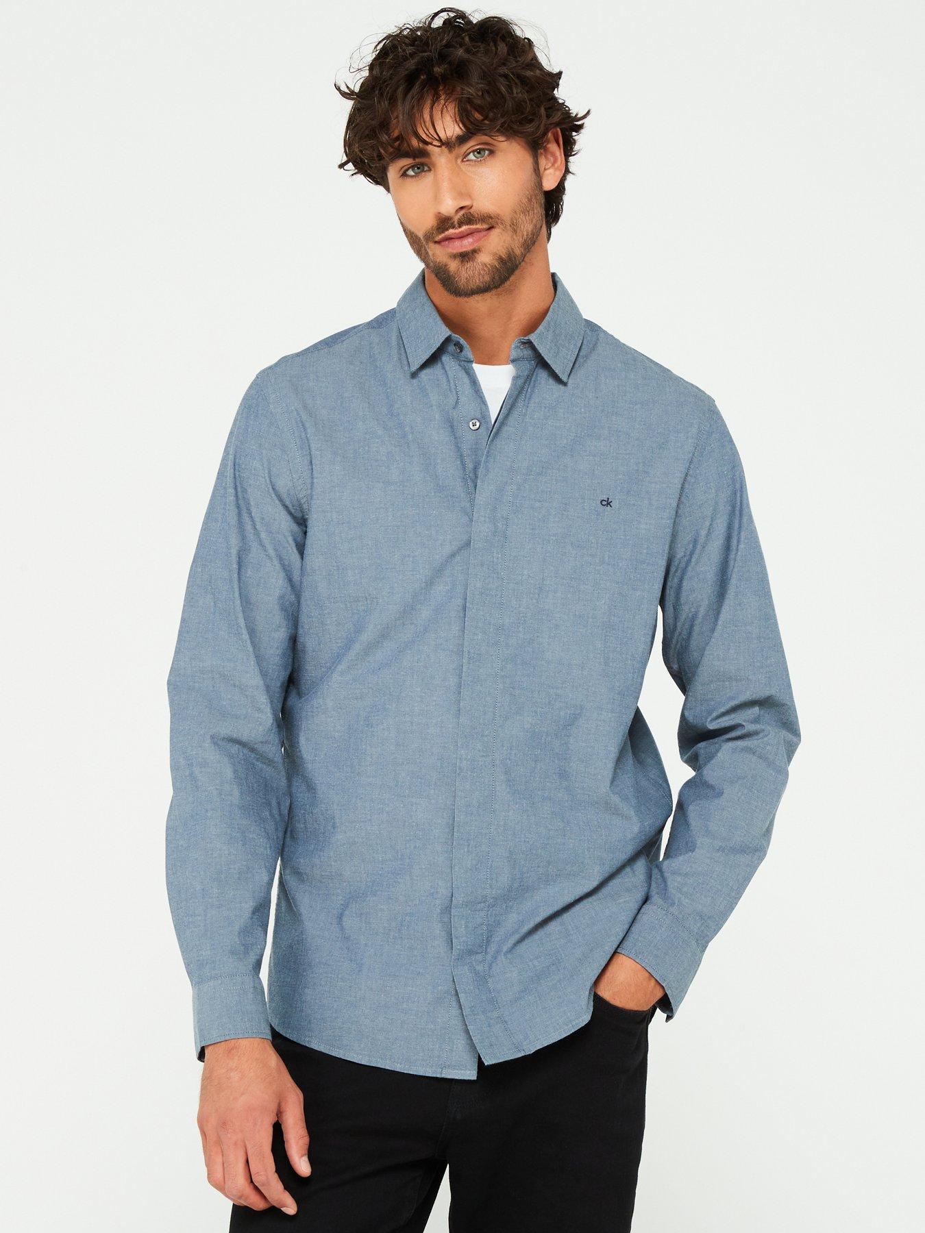 undefined Concealed Placket Long Sleeve Chambray Shirt - Dark Blue