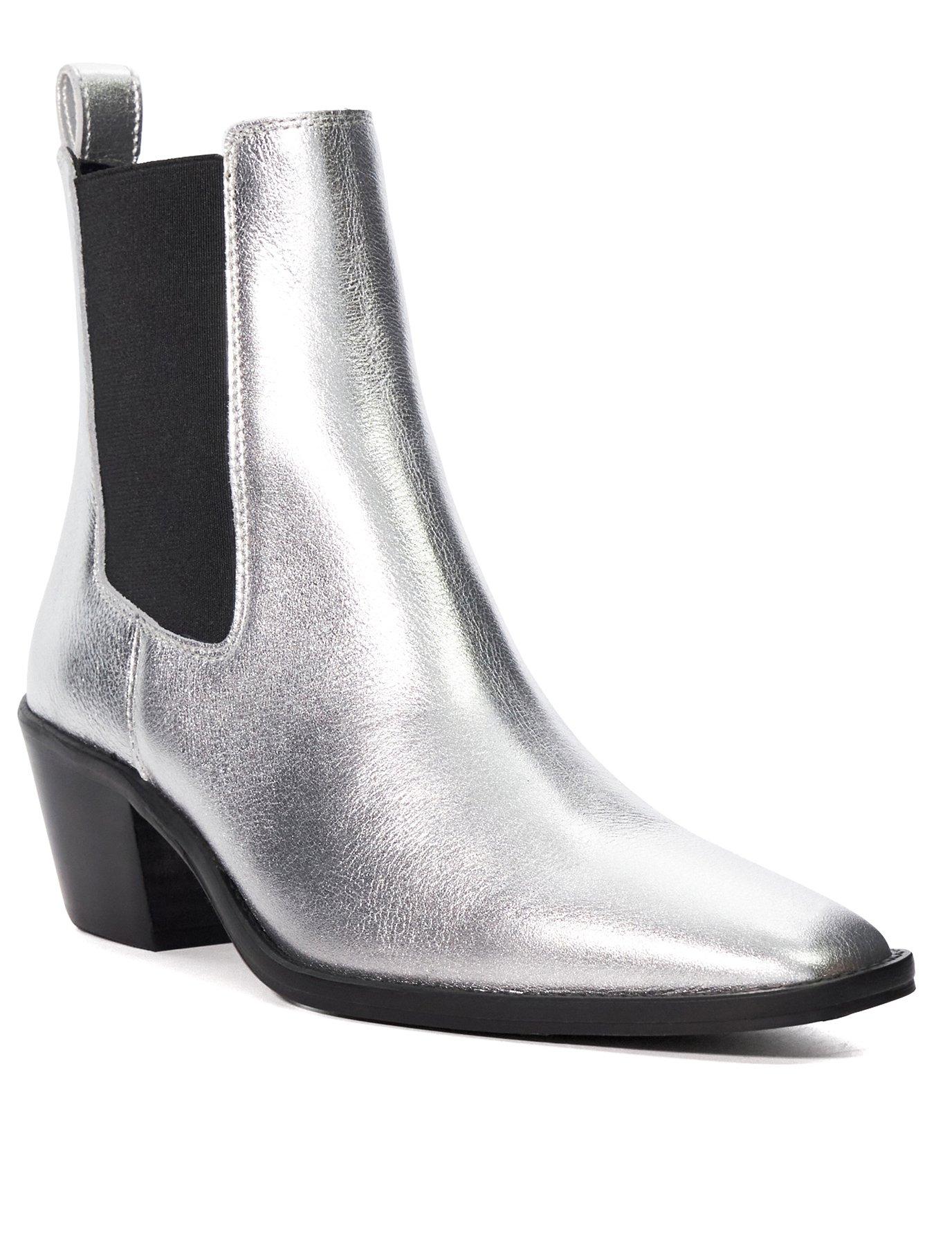 Dune London Pexas Western Ankle Boots - Silver Leather | Very.co.uk