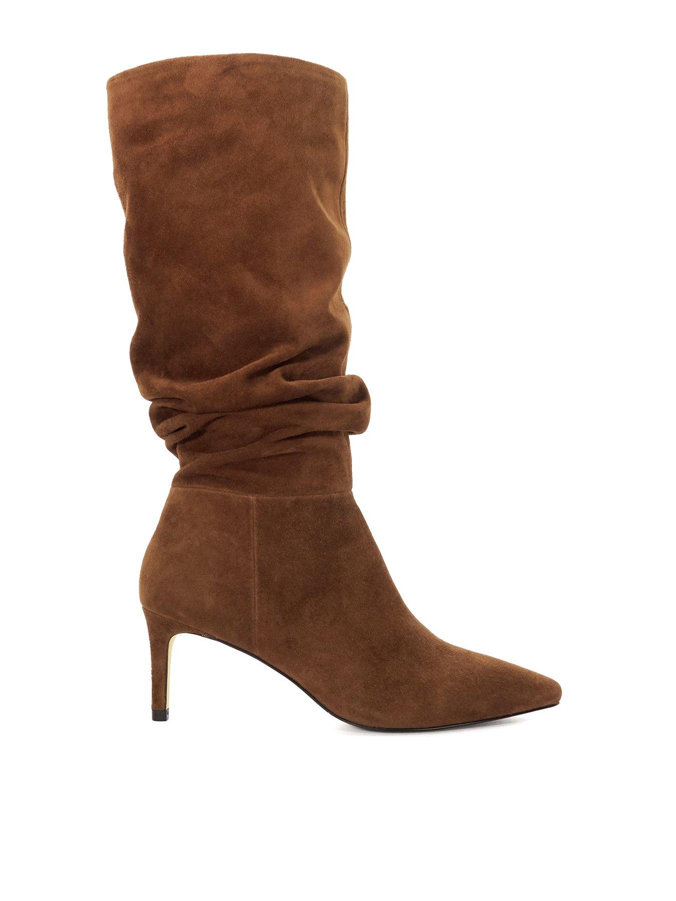 Slouch Suede Stretch Block heel Knee high Boots Dark Tan