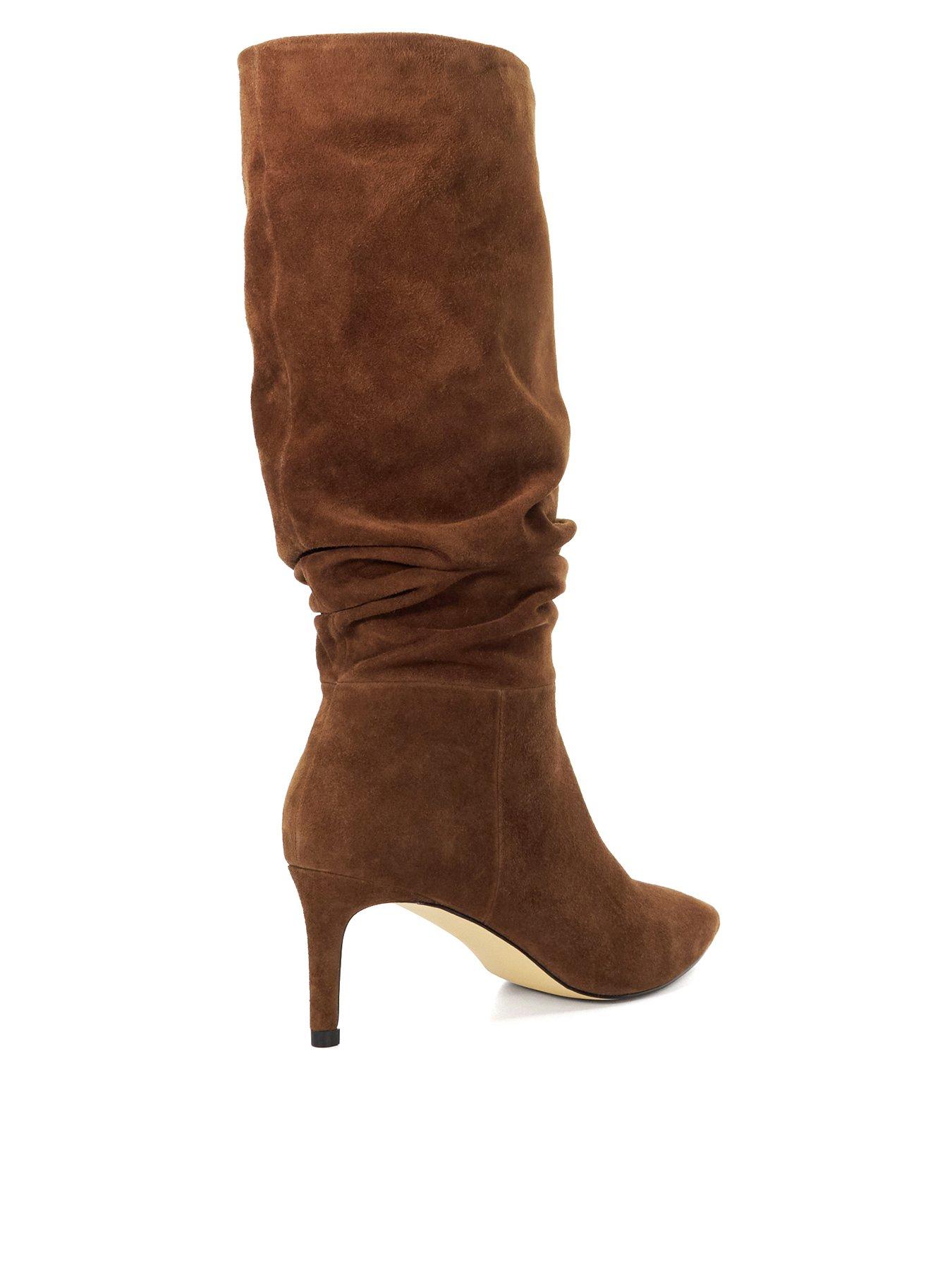 Dune London Slouch Suede Stretch Block heel Knee high Boots Dark Tan Very
