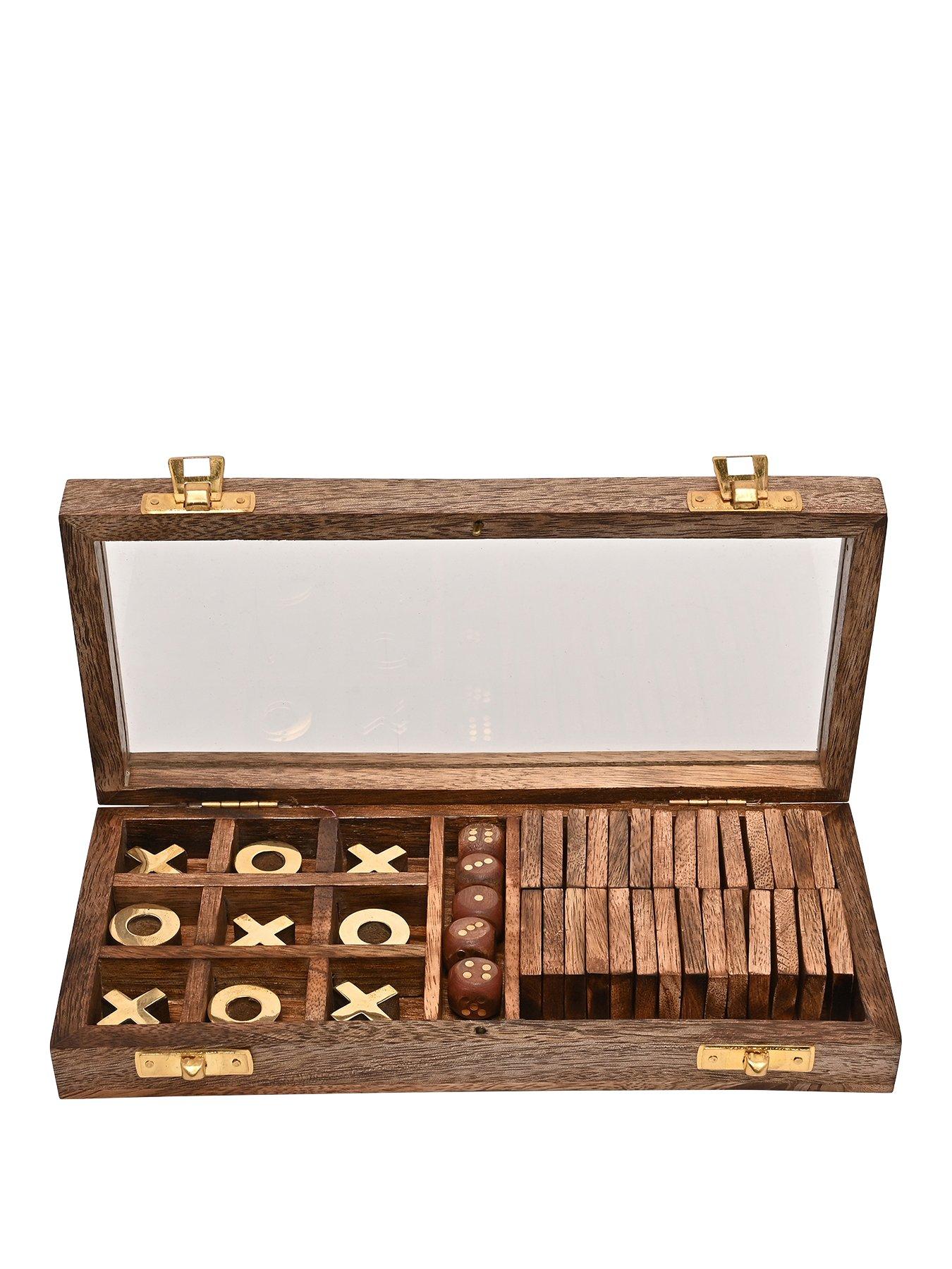 Harvey Makin Dominoes, Tic Tac Toe & Dice Set - Brown Wood