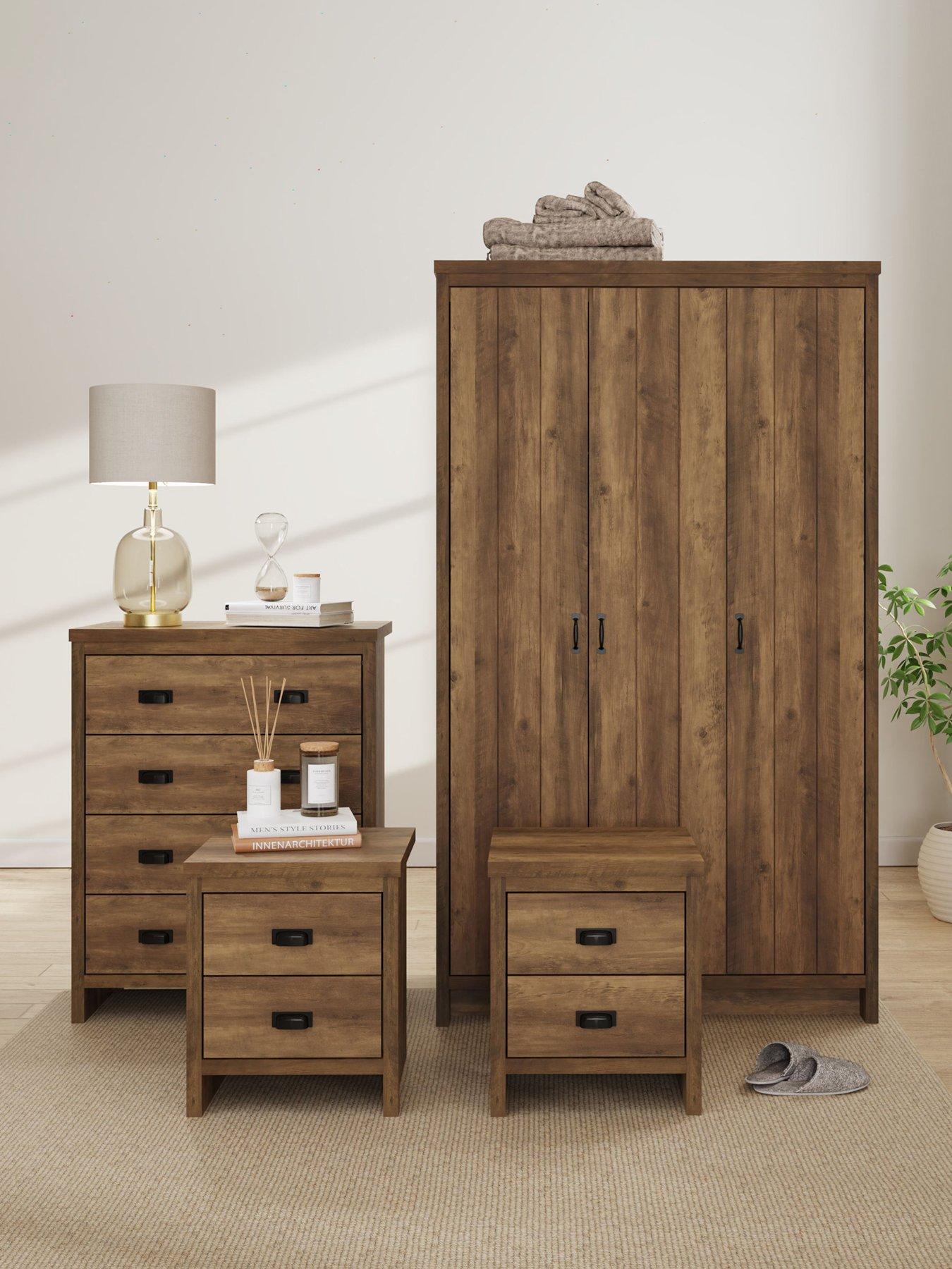 Image of GFW Boston 4 Piece Package - 3 Door Wardrobe + 4 Drawer Chest + Pair of Bedside Chests- Oak