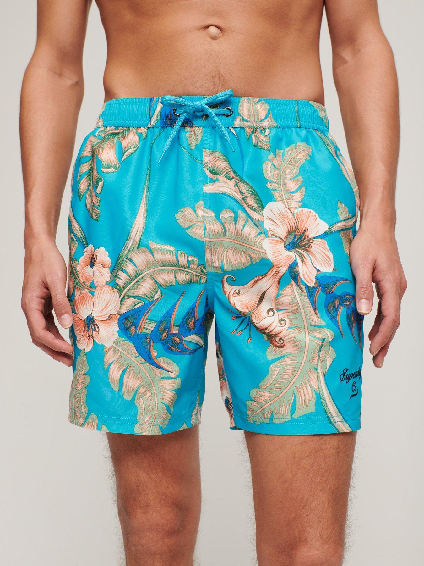 Superdry Hawaiian Print 17" Swim Shorts - Bright Blue, Bright Blue, Size M, Men